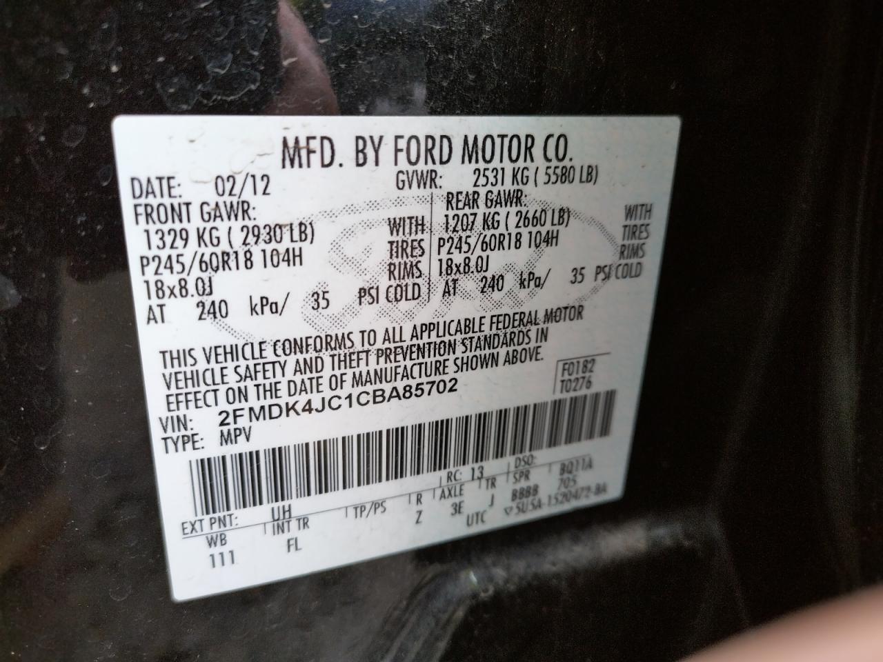 Photo 10 from auction – 2012 FORD EDGE SEL with VIN 2FMDK4JC1CBA85702