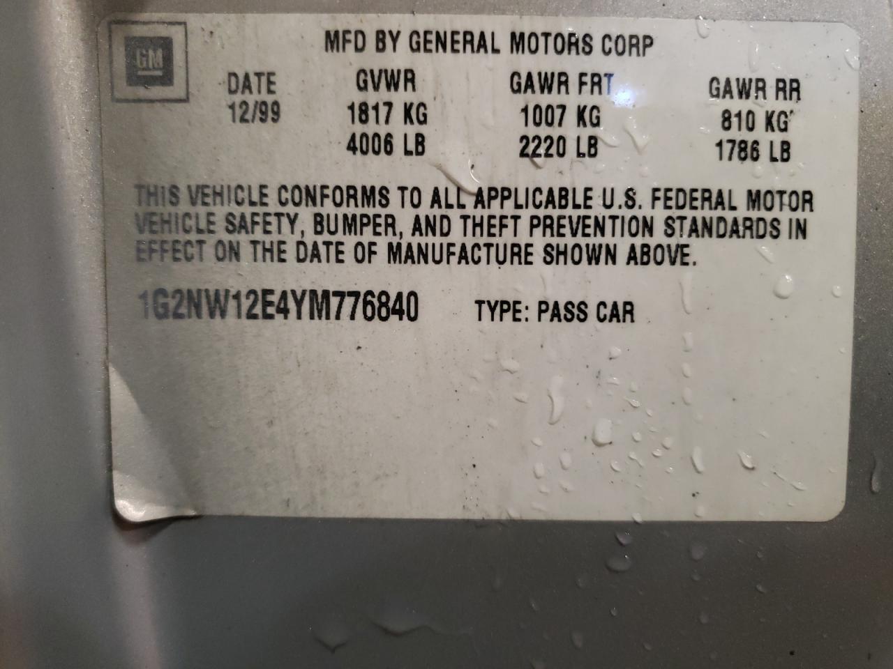 Photo 10 from auction – 2000 PONTIAC GRAND AM G with VIN 1G2NW12E4YM776840