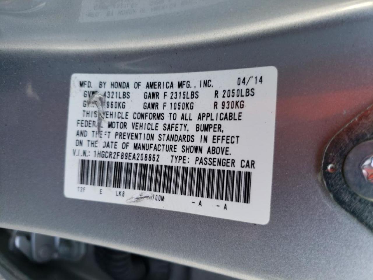 Photo 10 from auction – 2014 HONDA ACCORD EXL with VIN 1HGCR2F89EA208862
