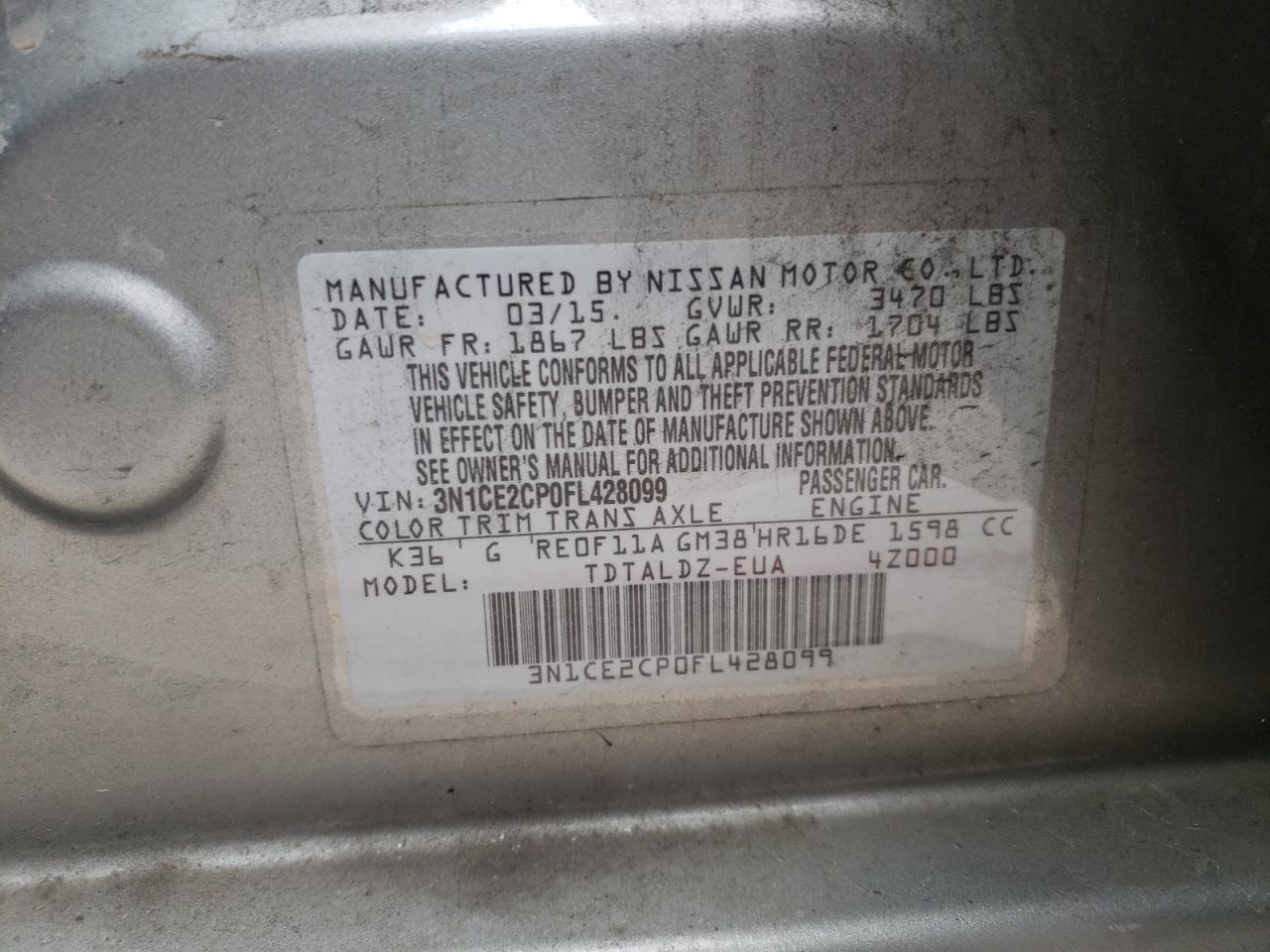 Photo 10 from auction – 2015 NISSAN VERSA NOTE with VIN 3N1CE2CP0FL428099