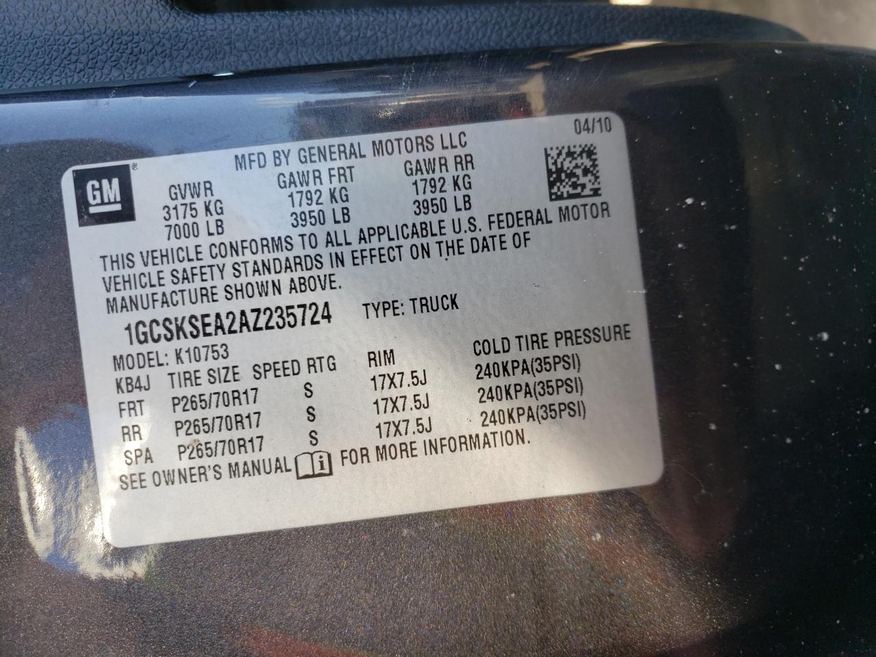 Photo 10 from auction – 2010 CHEVROLET SILVERADO with VIN 1GCSKSEA2AZ235724