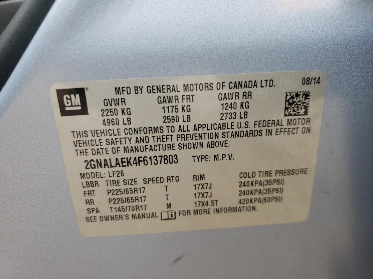 Photo 10 from auction – 2015 CHEVROLET EQUINOX LS with VIN 2GNALAEK4F6137803
