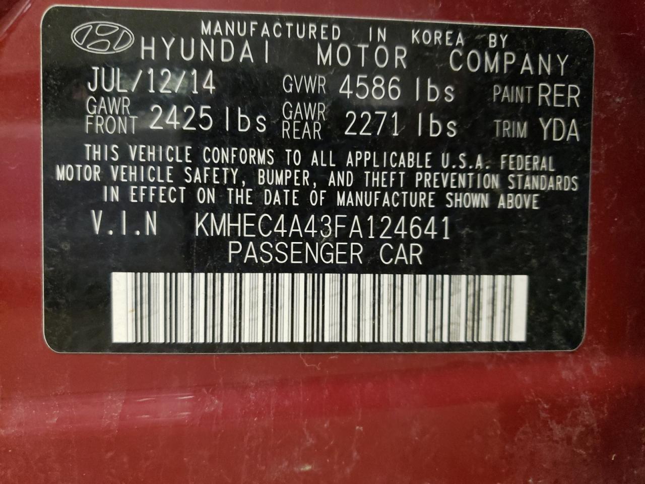 Photo 10 from auction – 2015 HYUNDAI SONATA HYB with VIN KMHEC4A43FA124641