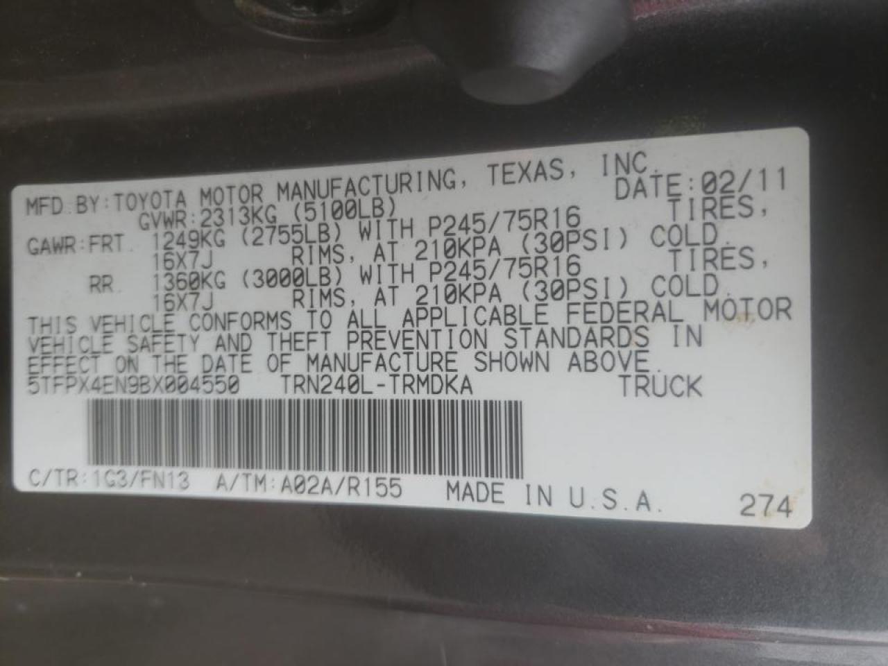 Photo 10 from auction – 2011 TOYOTA TACOMA with VIN 5TFPX4EN9BX004550