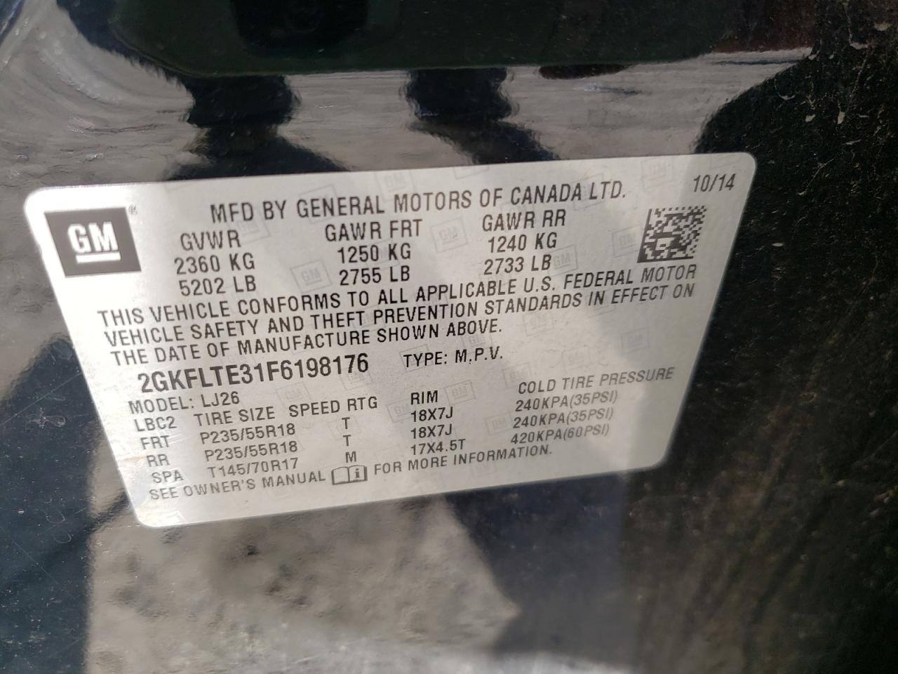 Photo 10 from auction – 2015 GMC TERRAIN SL with VIN 2GKFLTE31F6198176