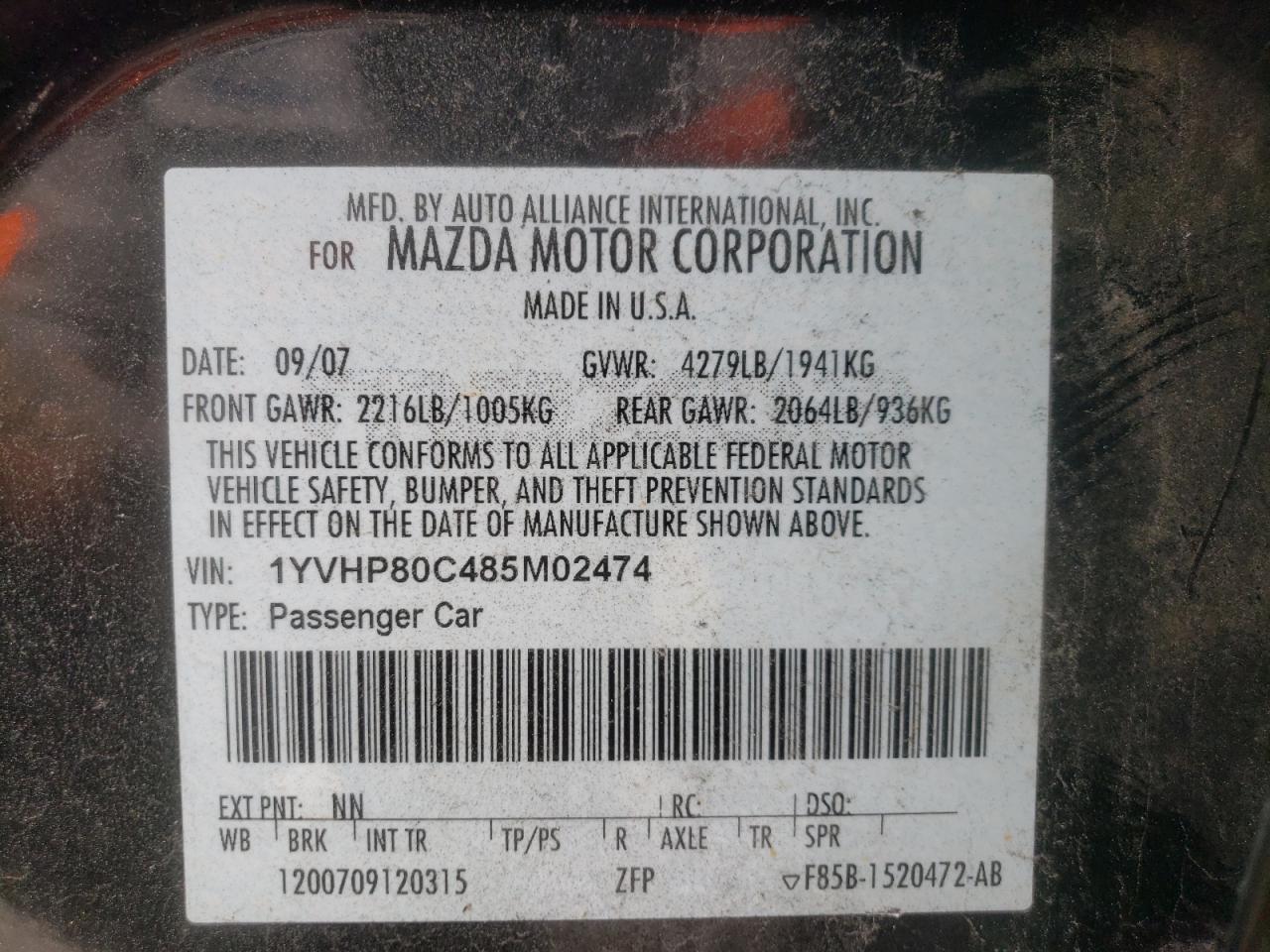 Photo 10 from auction – 2008 MAZDA 6 I with VIN 1YVHP80C485M02474