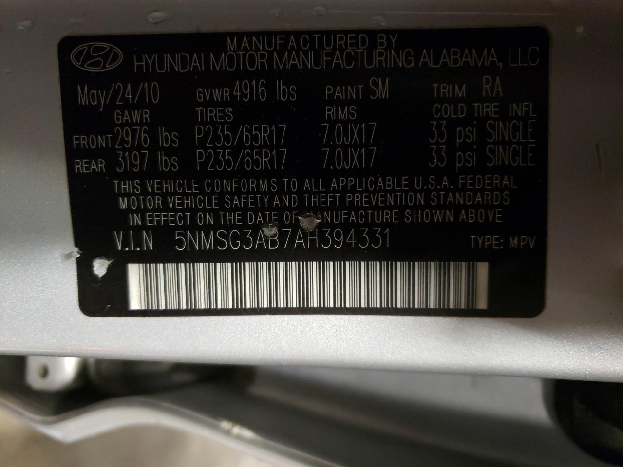 Photo 10 from auction – 2010 HYUNDAI SANTA FE G with VIN 5NMSG3AB7AH394331