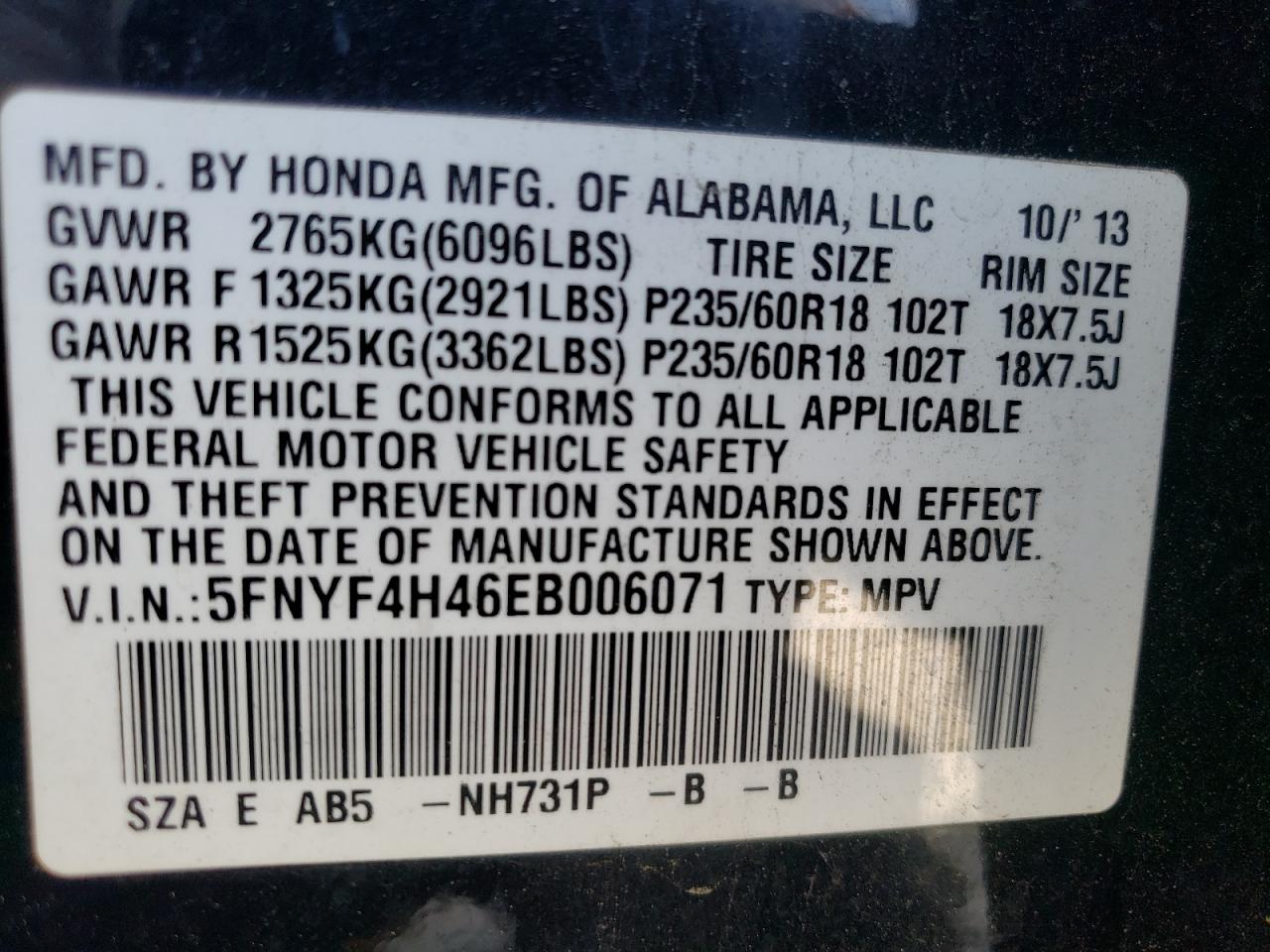 Photo 10 from auction – 2014 HONDA PILOT EX with VIN 5FNYF4H46EB006071