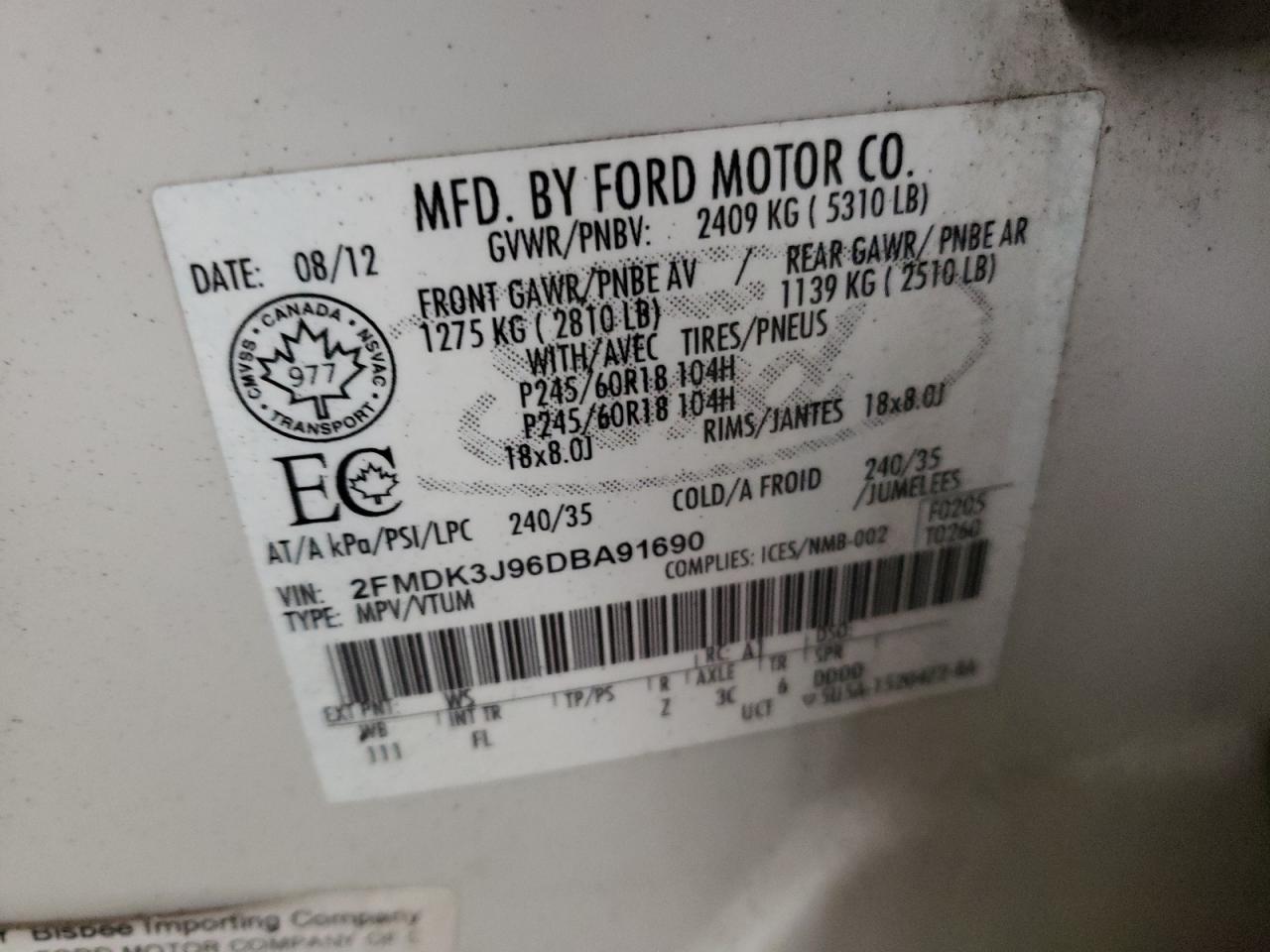 Photo 10 from auction – 2013 FORD EDGE SEL with VIN 2FMDK3J96DBA91690