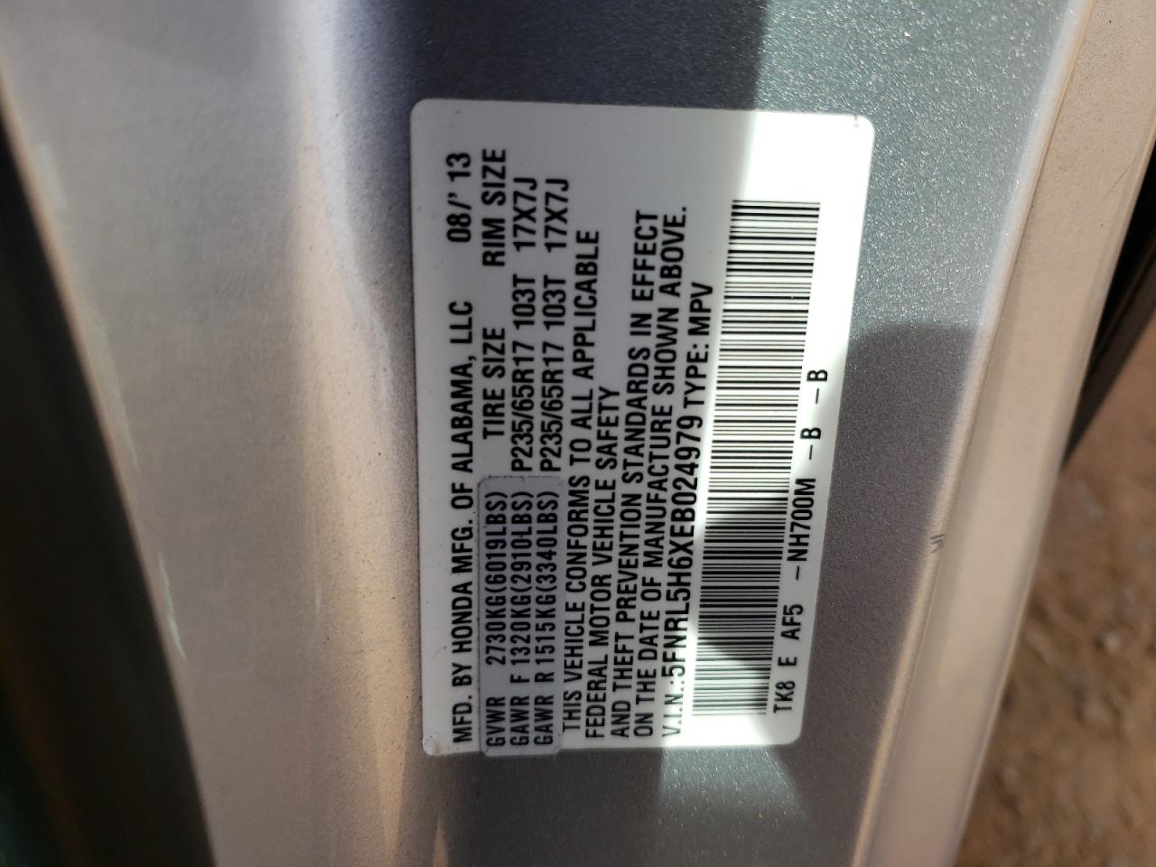 Photo 10 from auction – 2014 HONDA ODYSSEY EX with VIN 5FNRL5H6XEB024979