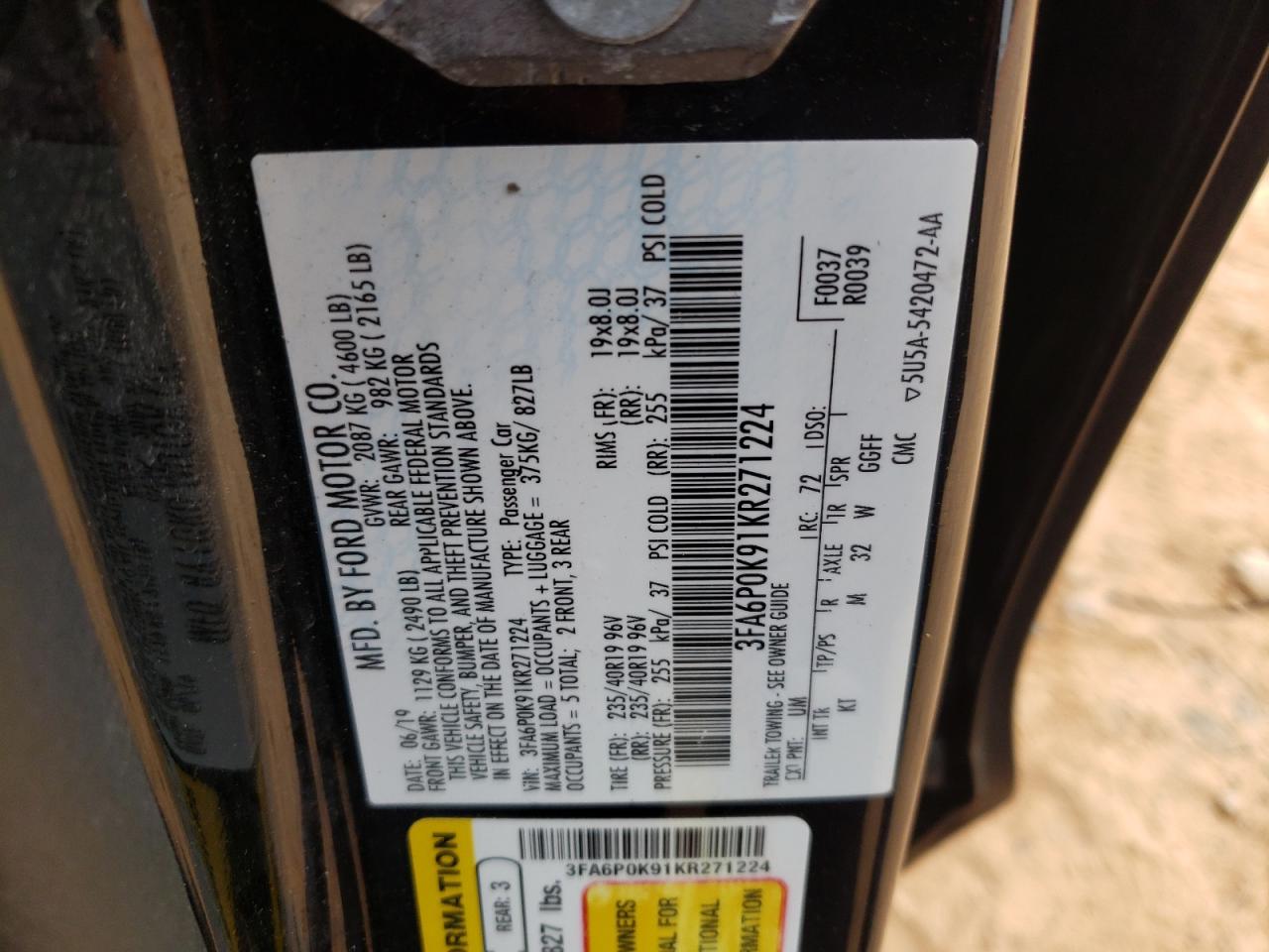Photo 10 from auction – 2019 FORD FUSION TIT with VIN 3FA6P0K91KR271224
