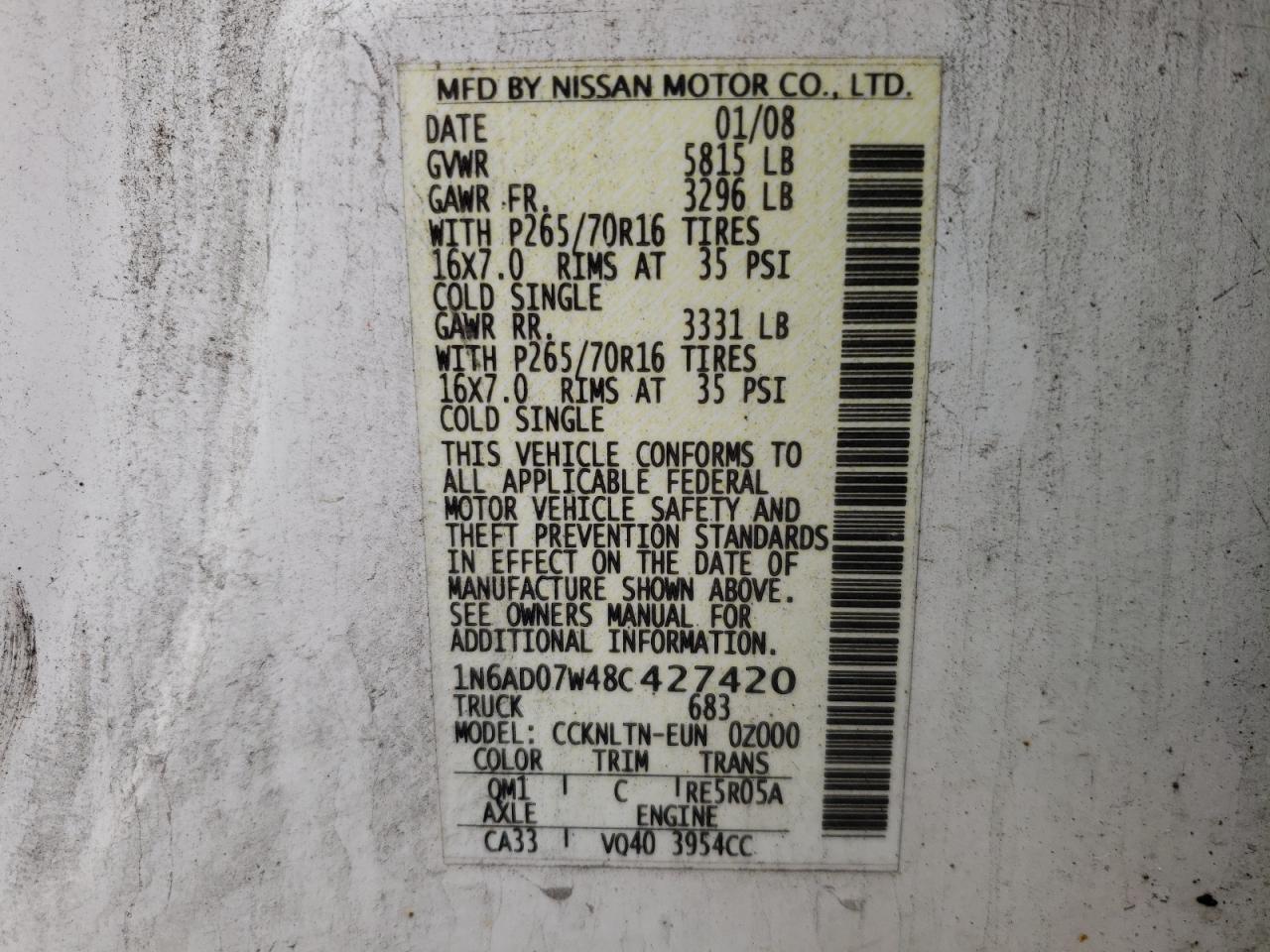 Photo 10 from auction – 2008 NISSAN FRONTIER C with VIN 1N6AD07W48C427420