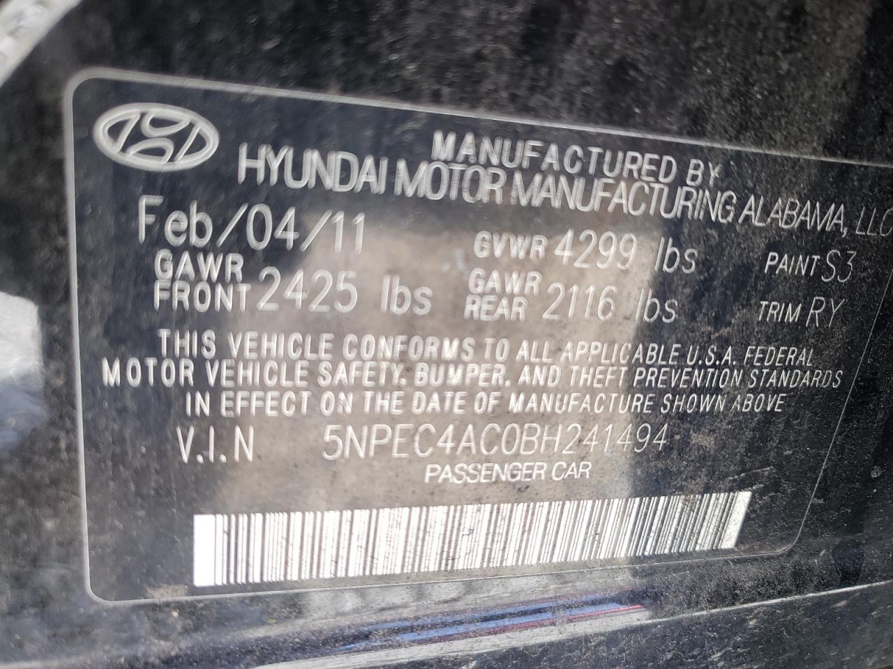 Photo 10 from auction – 2011 HYUNDAI SONATA SE with VIN 5NPEC4AC0BH241494