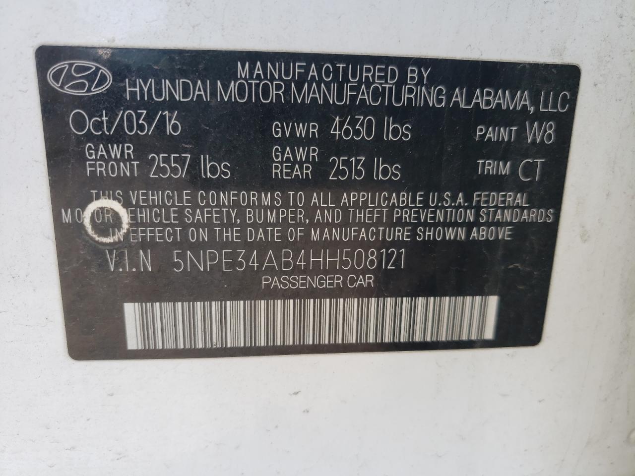 Photo 10 from auction – 2017 HYUNDAI SONATA SPO with VIN 5NPE34AB4HH508121