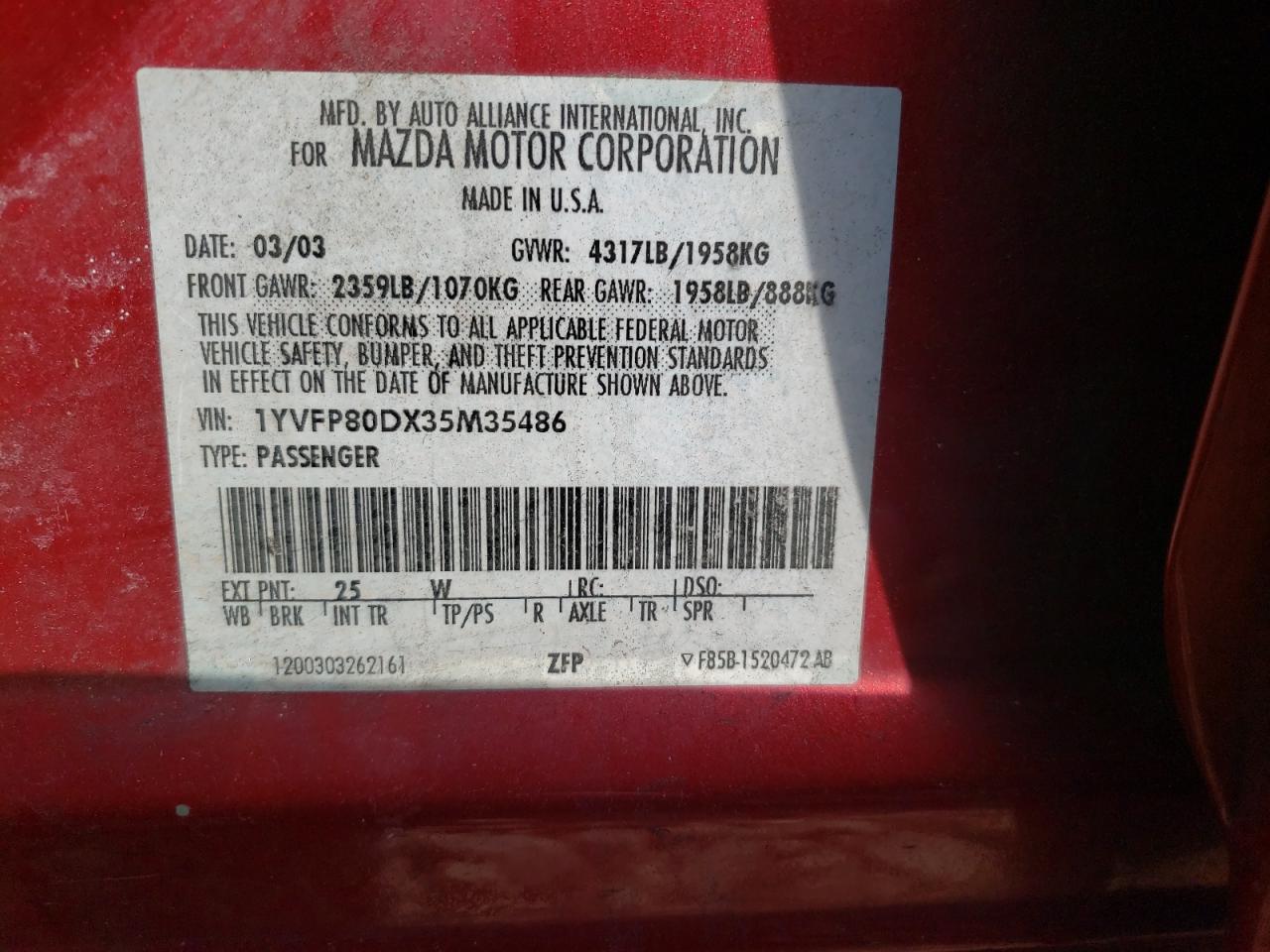 Photo 10 from auction – 2003 MAZDA 6 with VIN 1YVFP80DX35M35486
