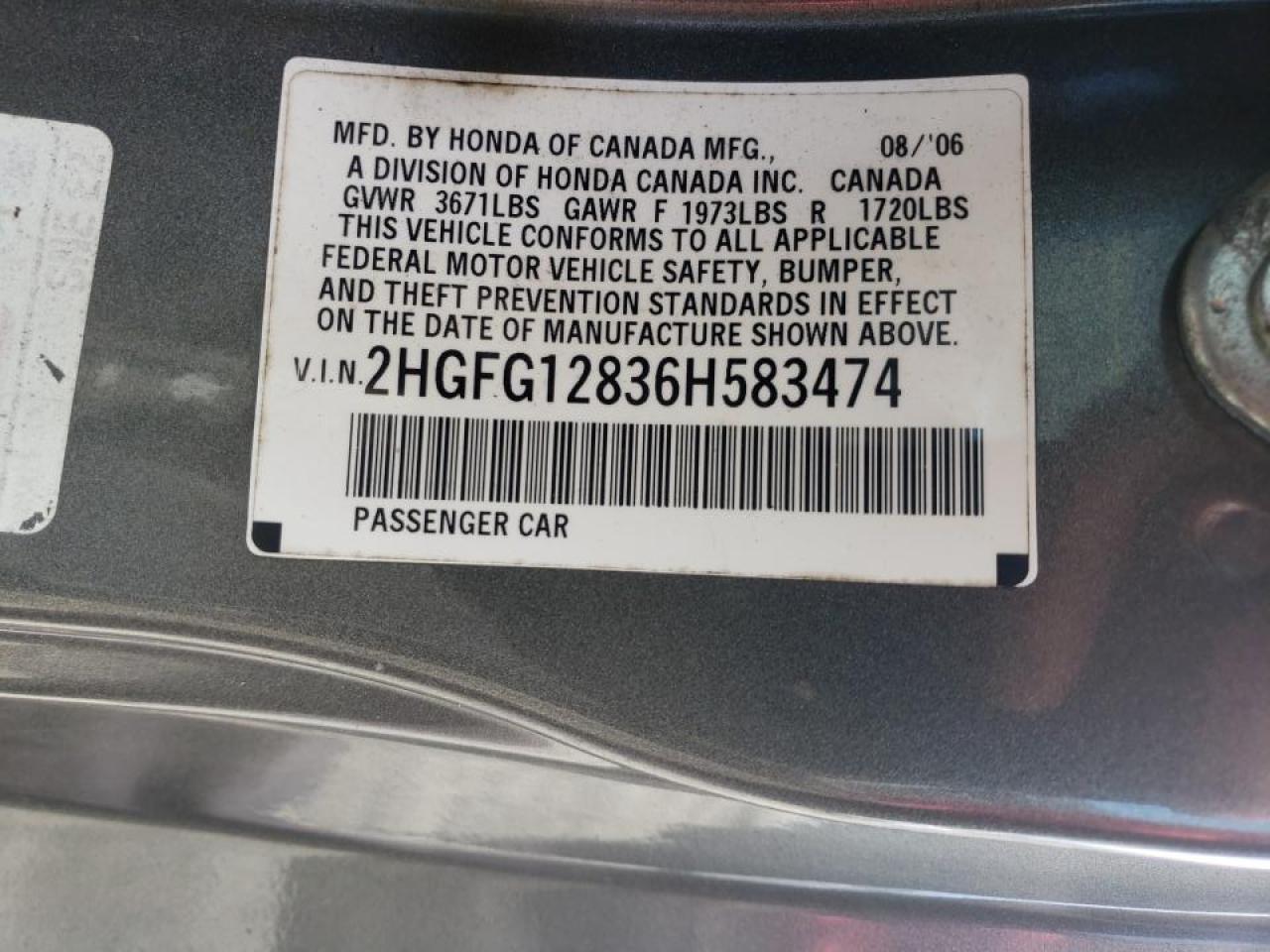 Photo 10 from auction – 2006 HONDA CIVIC with VIN 2HGFG12836H583474