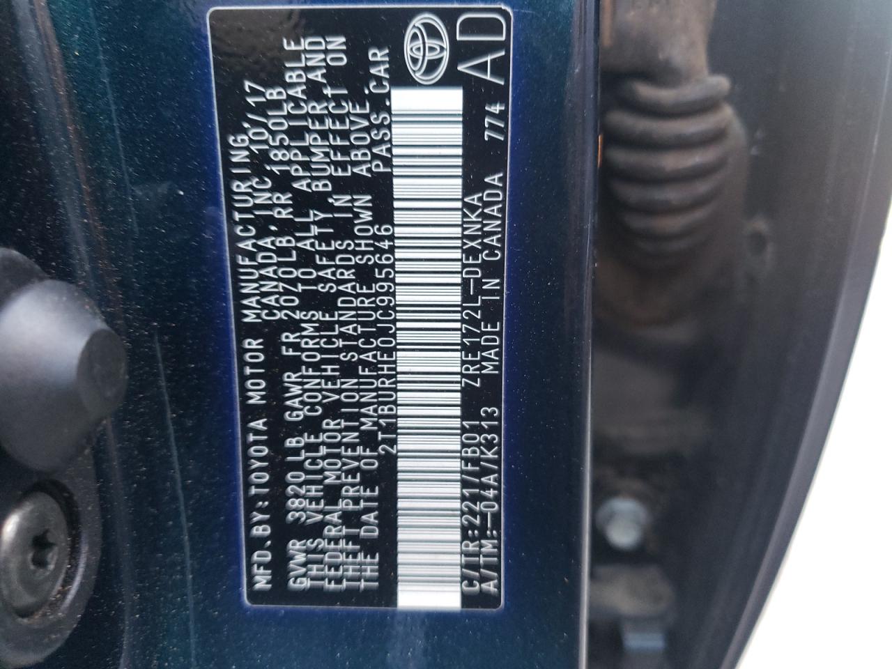 Photo 10 from auction – 2018 TOYOTA COROLLA L with VIN 2T1BURHE0JC995646