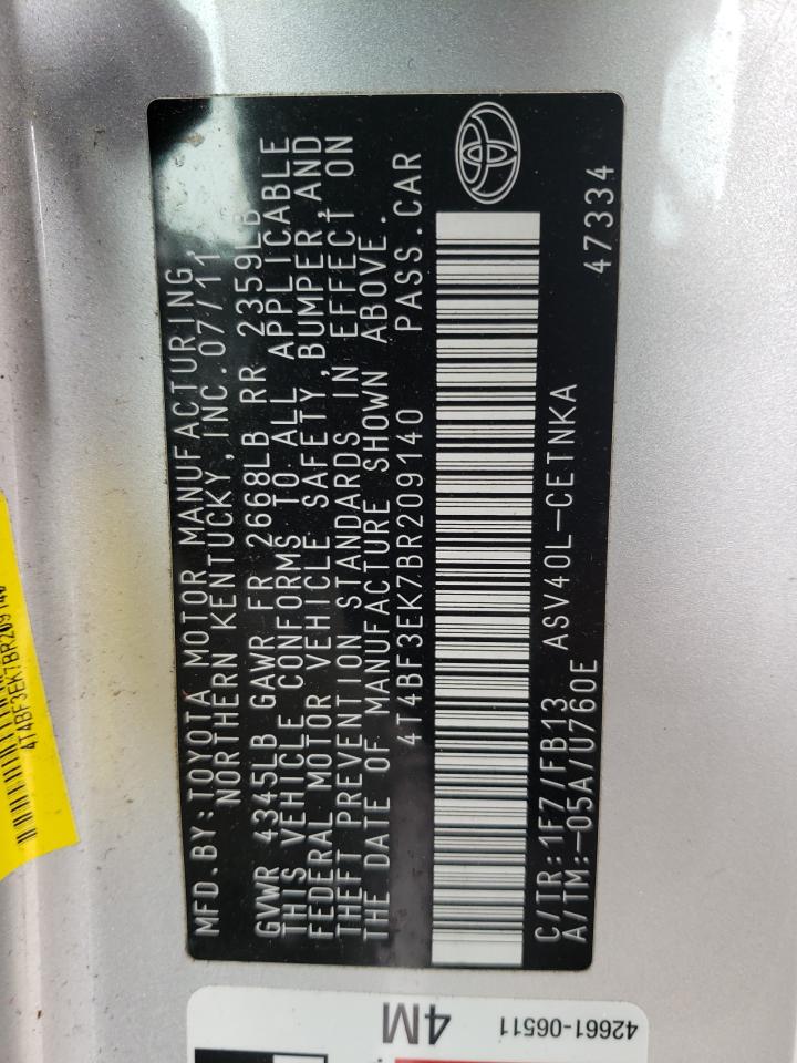 Photo 10 from auction – 2011 TOYOTA CAMRY BASE with VIN 4T4BF3EK7BR209140