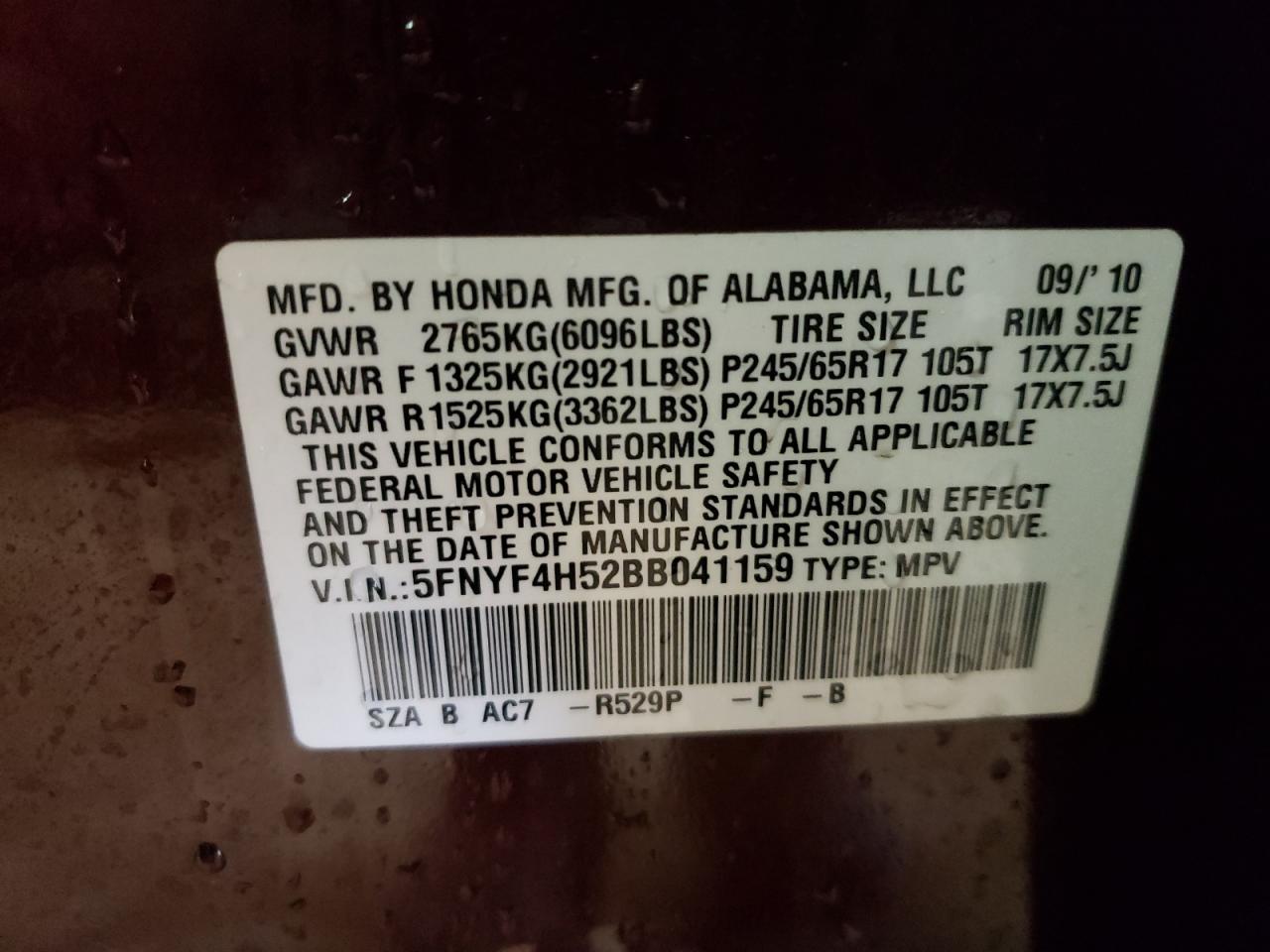 Photo 10 from auction – 2011 HONDA PILOT EXL with VIN 5FNYF4H52BB041159