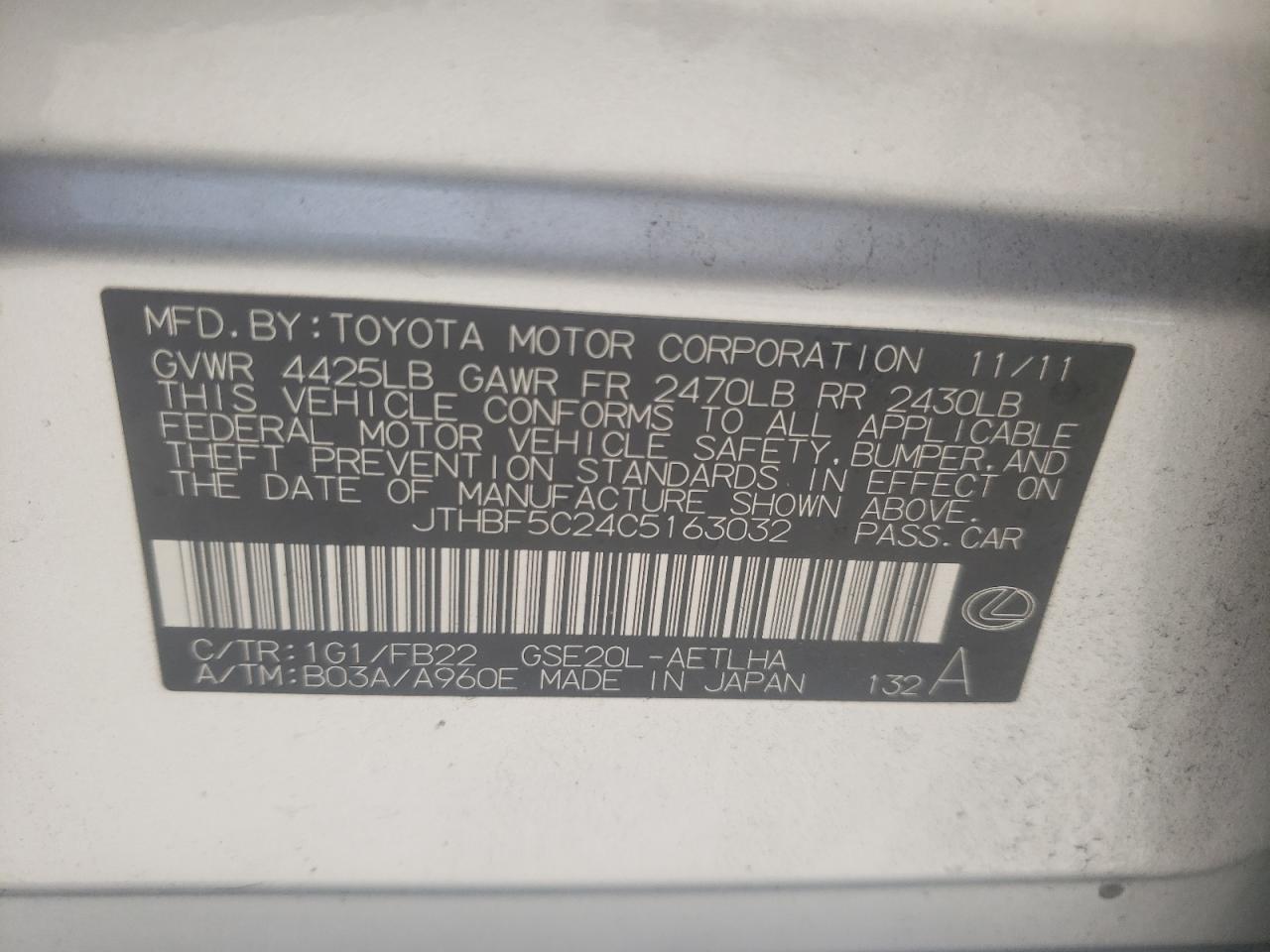 Photo 10 from auction – 2012 LEXUS IS 250 with VIN JTHBF5C24C5163032