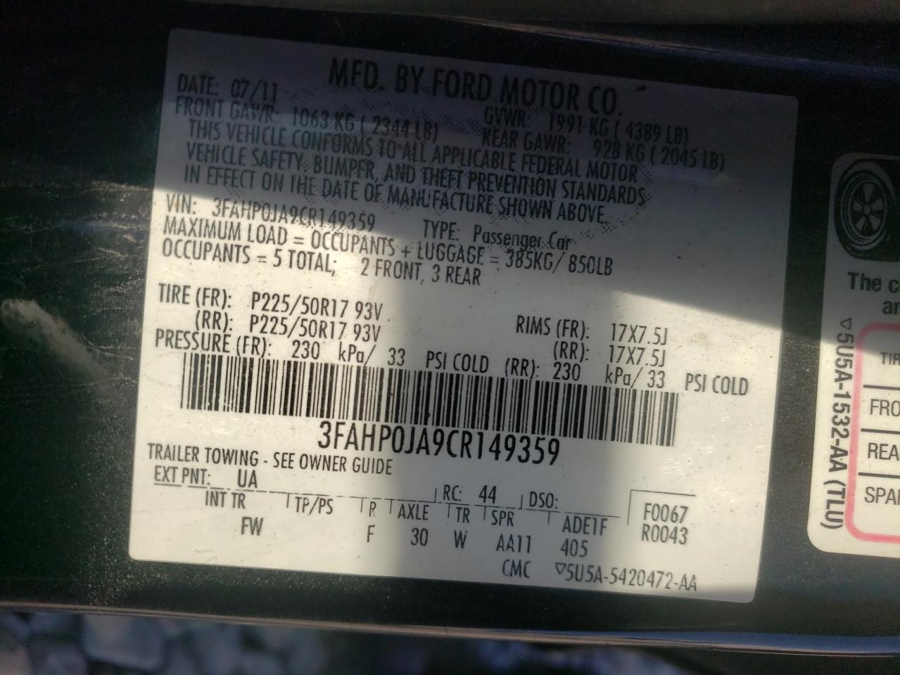 Photo 10 from auction – 2012 FORD FUSION SEL with VIN 3FAHP0JA9CR149359