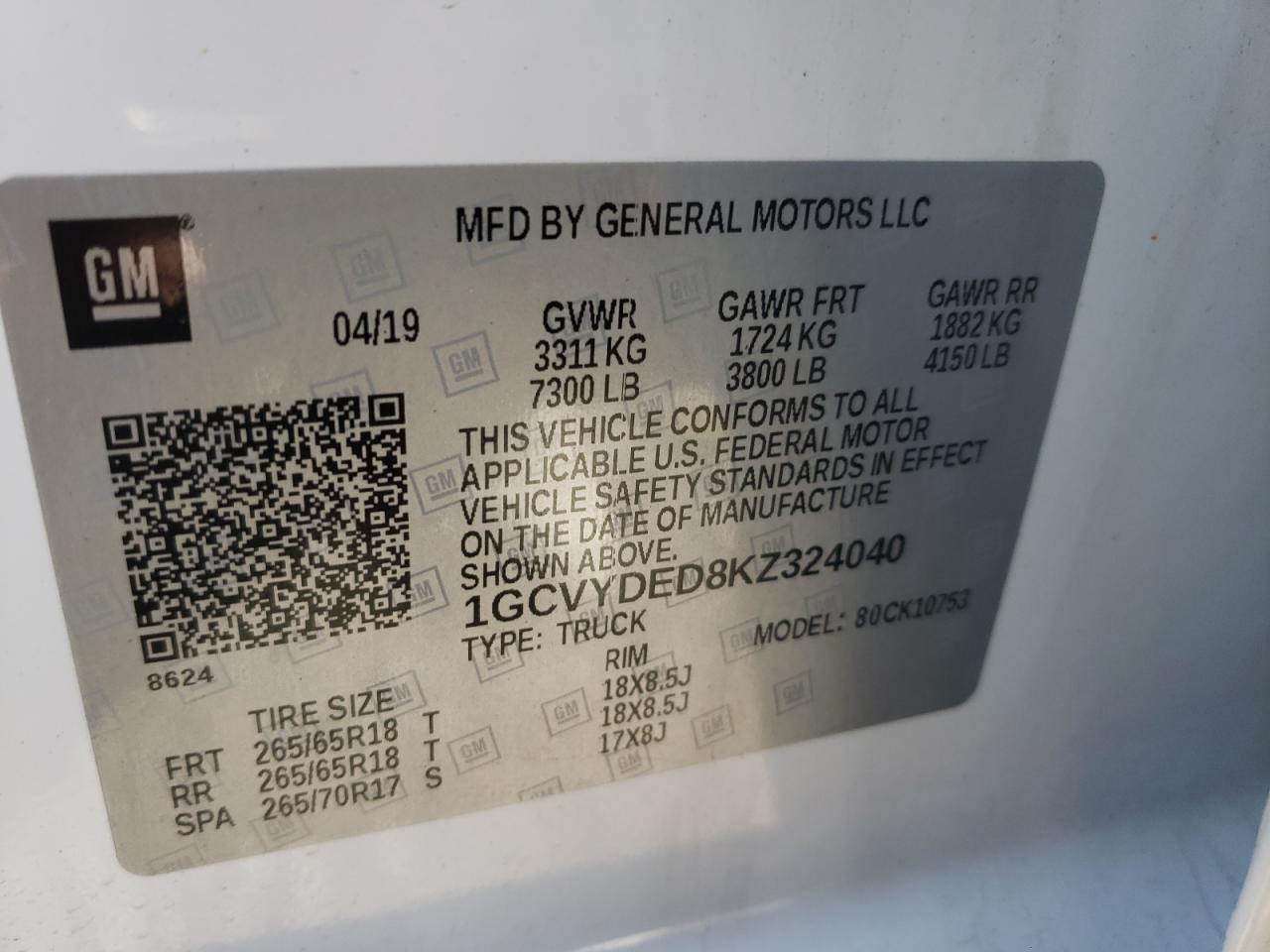 Photo 10 from auction – 2019 CHEVROLET SILVERADO with VIN 1GCVYDED8KZ324040