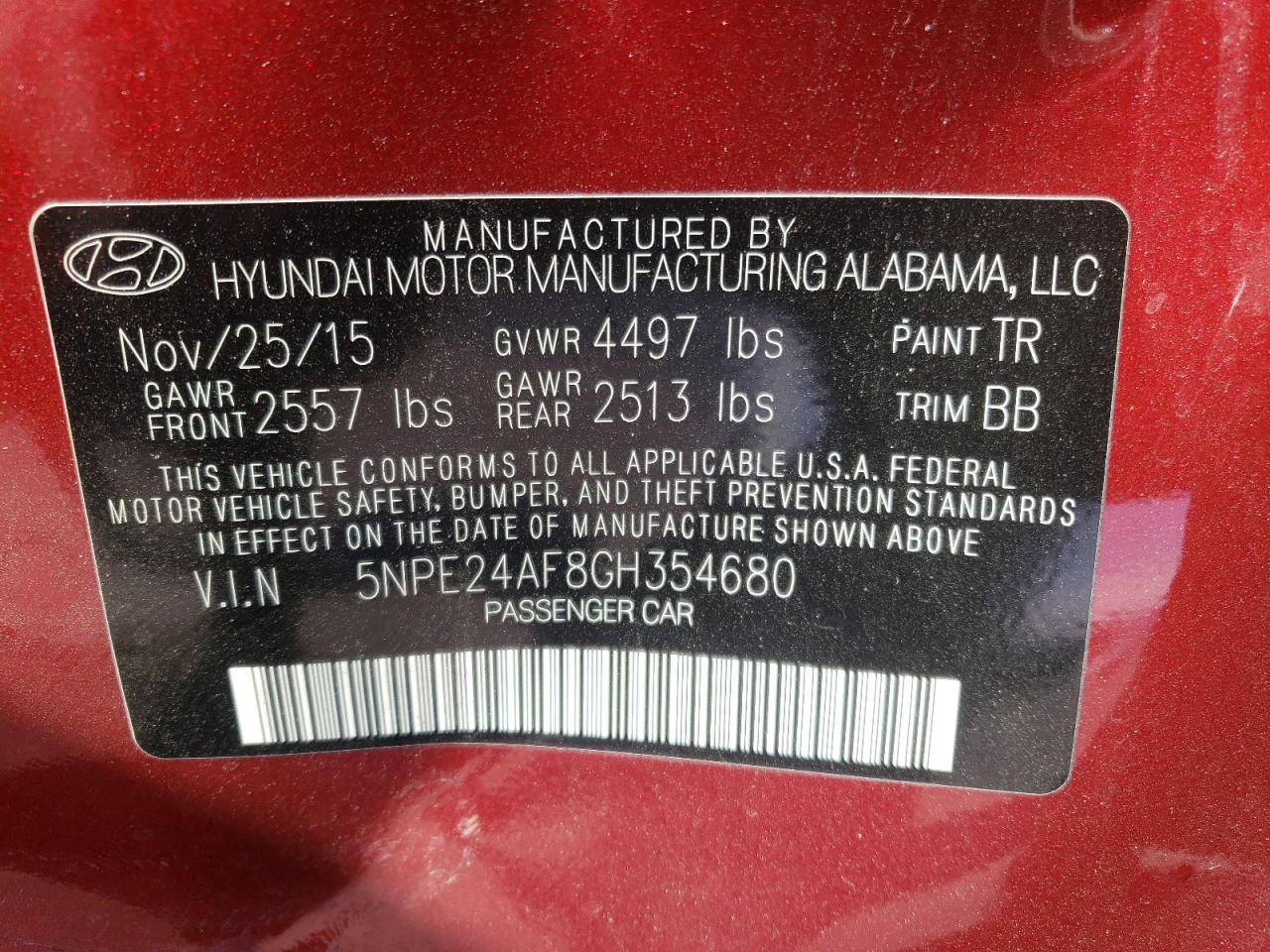 Photo 10 from auction – 2016 HYUNDAI SONATA SE with VIN 5NPE24AF8GH354680