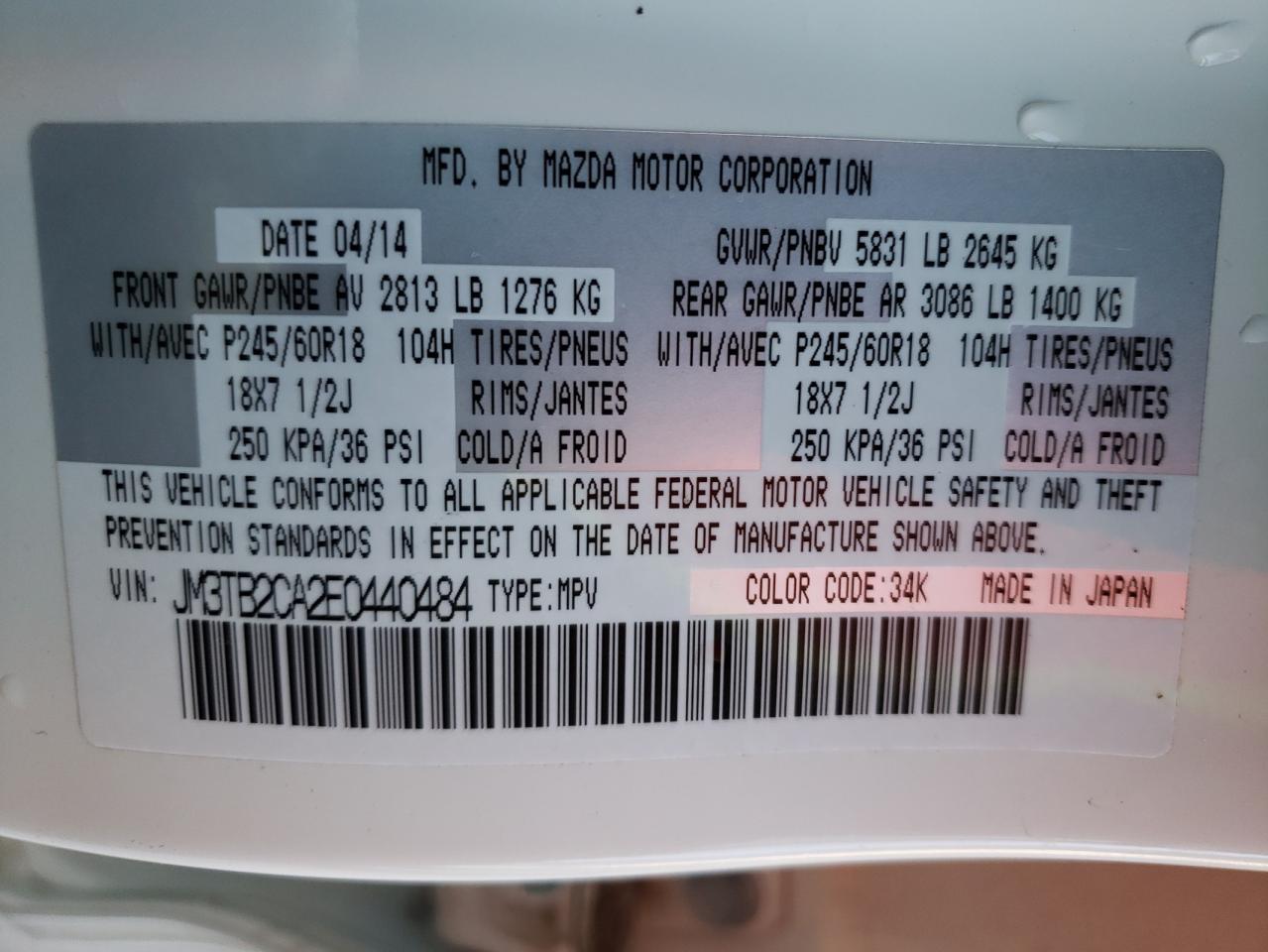 Photo 10 from auction – 2014 MAZDA CX-9 TOURI with VIN JM3TB2CA2E0440484