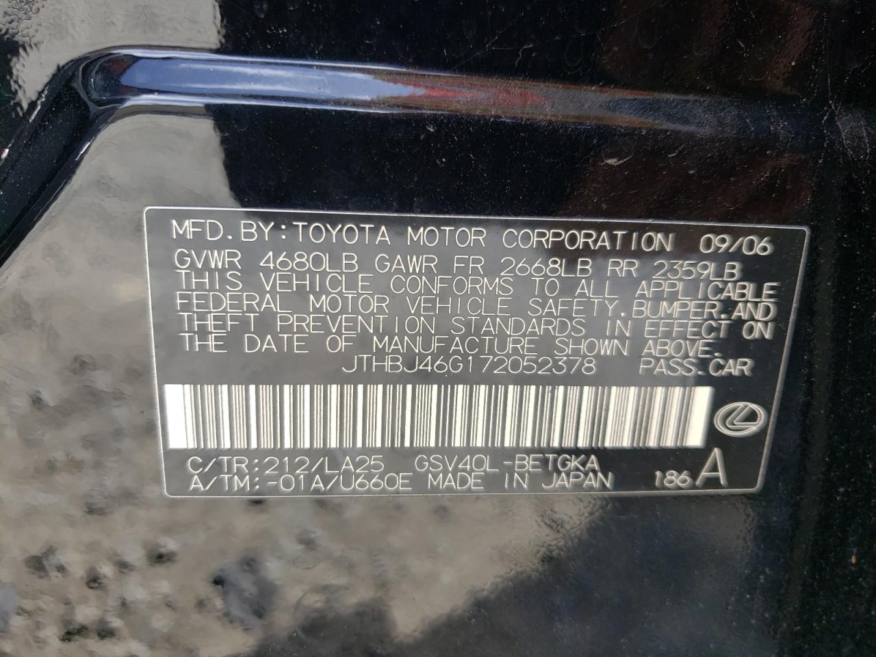 Photo 10 from auction – 2007 LEXUS ES 350 with VIN JTHBJ46G172052378