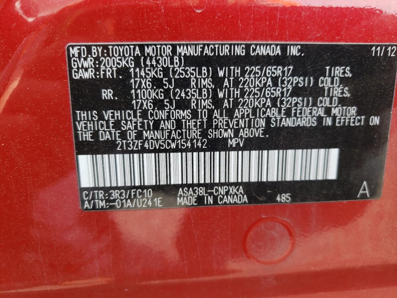 Photo 10 from auction – 2012 TOYOTA RAV4 with VIN 2T3ZF4DV5CW154142