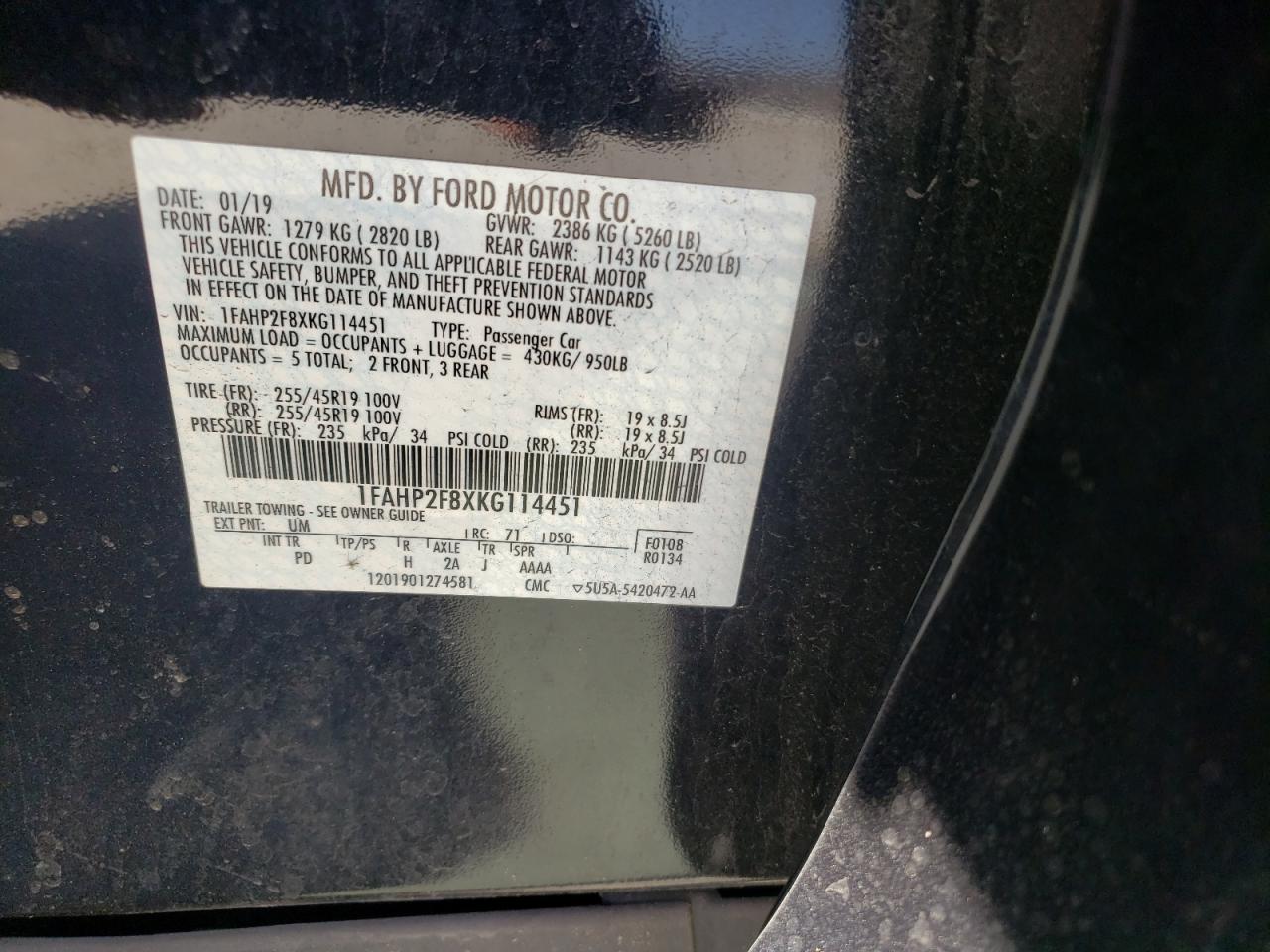 Photo 10 from auction – 2019 FORD TAURUS LIM with VIN 1FAHP2F8XKG114451