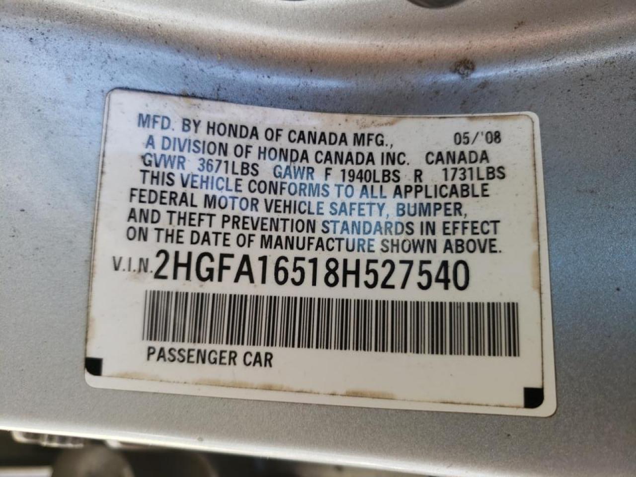 Photo 10 from auction – 2008 HONDA CIVIC LX with VIN 2HGFA16518H527540
