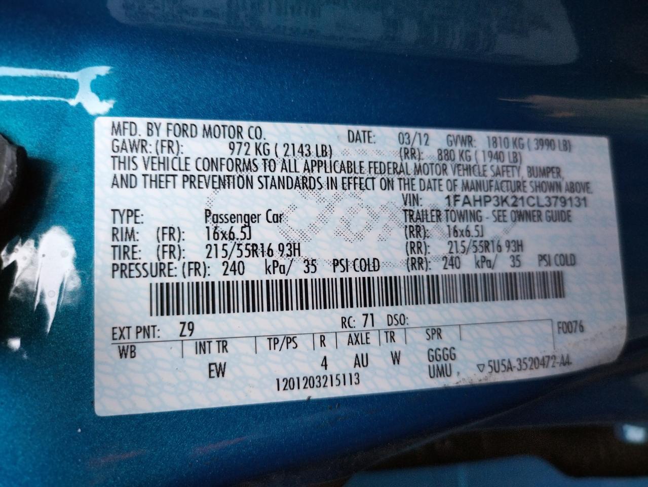 Photo 10 from auction – 2012 FORD FOCUS SE with VIN 1FAHP3K21CL379131
