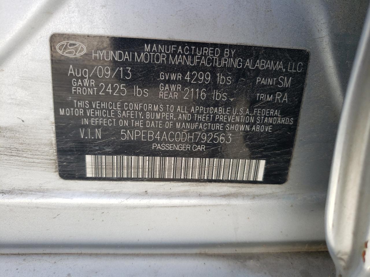 Photo 10 from auction – 2013 HYUNDAI SONATA GLS with VIN 5NPEB4AC0DH792563