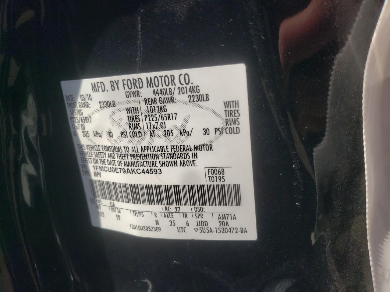 Photo 10 from auction – 2010 FORD ESCAPE LIM with VIN 1FMCU0E79AKC44593