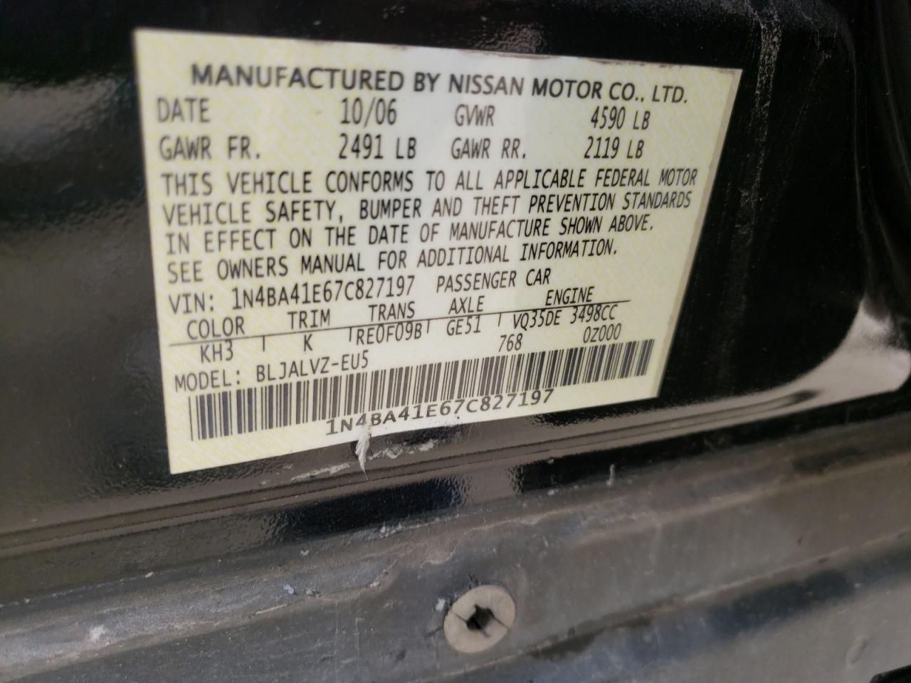 Photo 10 from auction – 2007 NISSAN MAXIMA SE with VIN 1N4BA41E67C827197