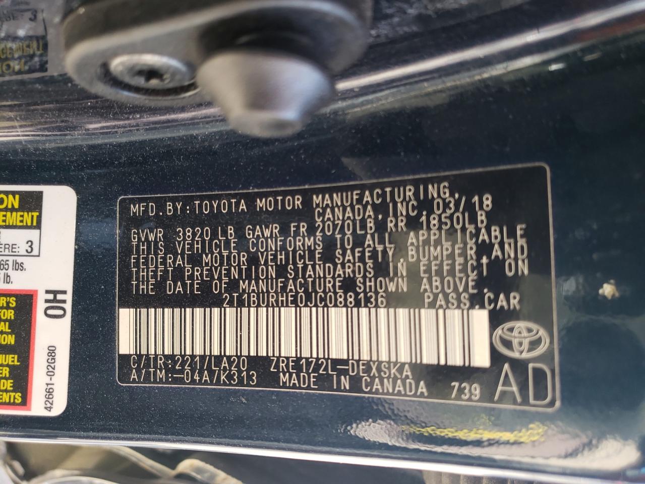 Photo 10 from auction – 2018 TOYOTA COROLLA L with VIN 2T1BURHE0JC088136