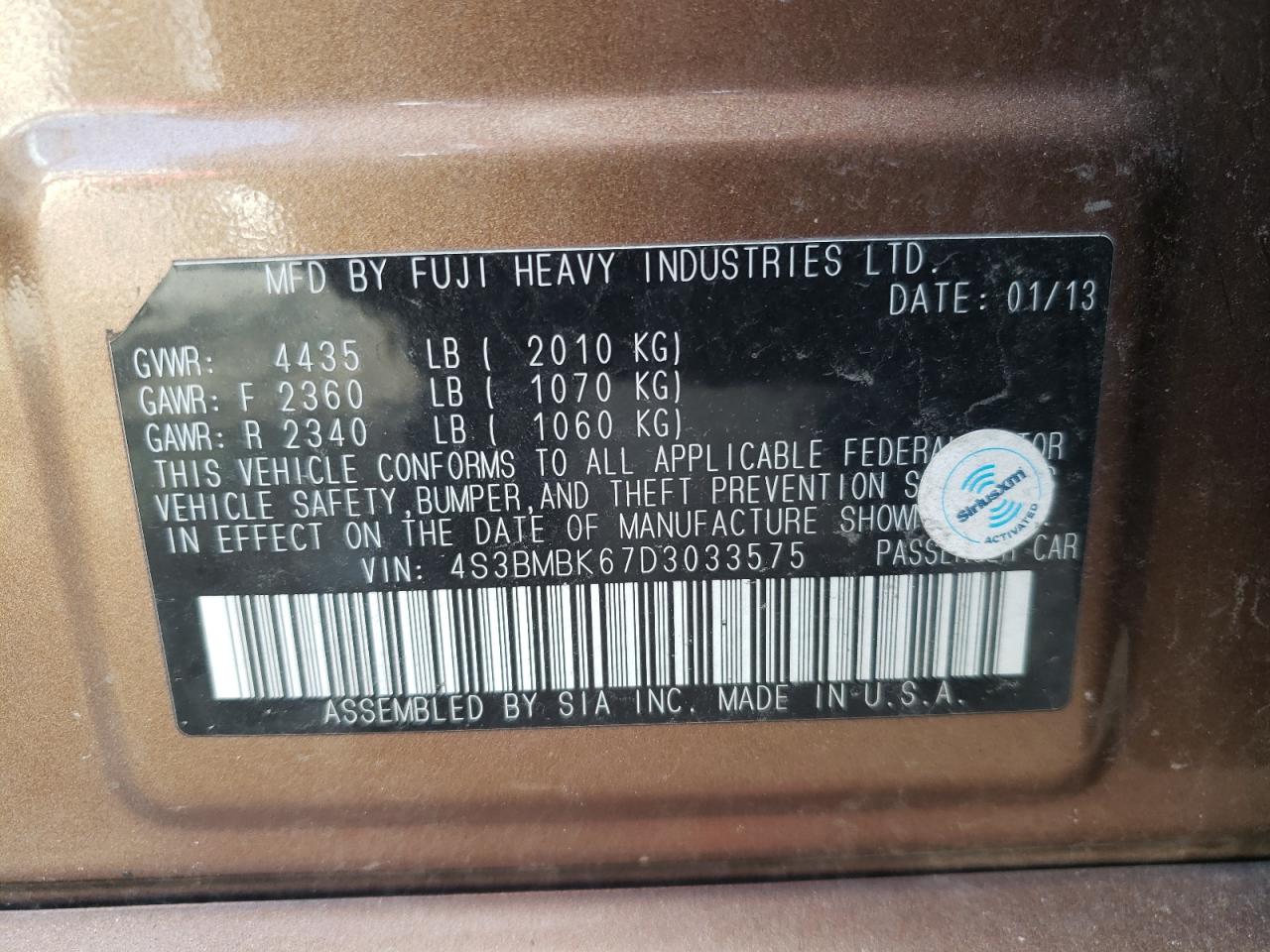 Photo 10 from auction – 2013 SUBARU LEGACY 2.5 with VIN 4S3BMBK67D3033575