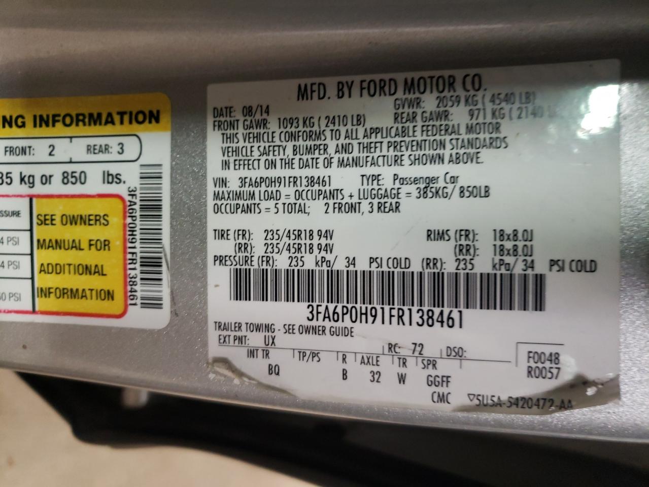 Photo 10 from auction – 2015 FORD FUSION SE with VIN 3FA6P0H91FR138461
