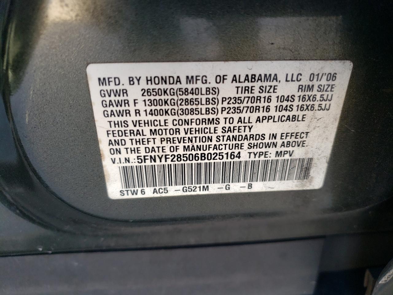 Photo 10 from auction – 2006 HONDA PILOT EXL with VIN 5FNYF28506B025164