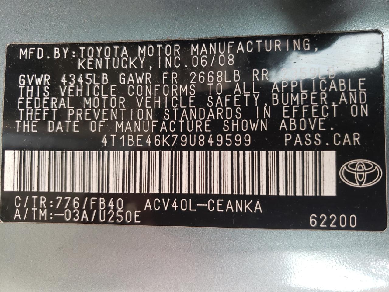 Photo 10 from auction – 2009 TOYOTA CAMRY BASE with VIN 4T1BE46K79U849599