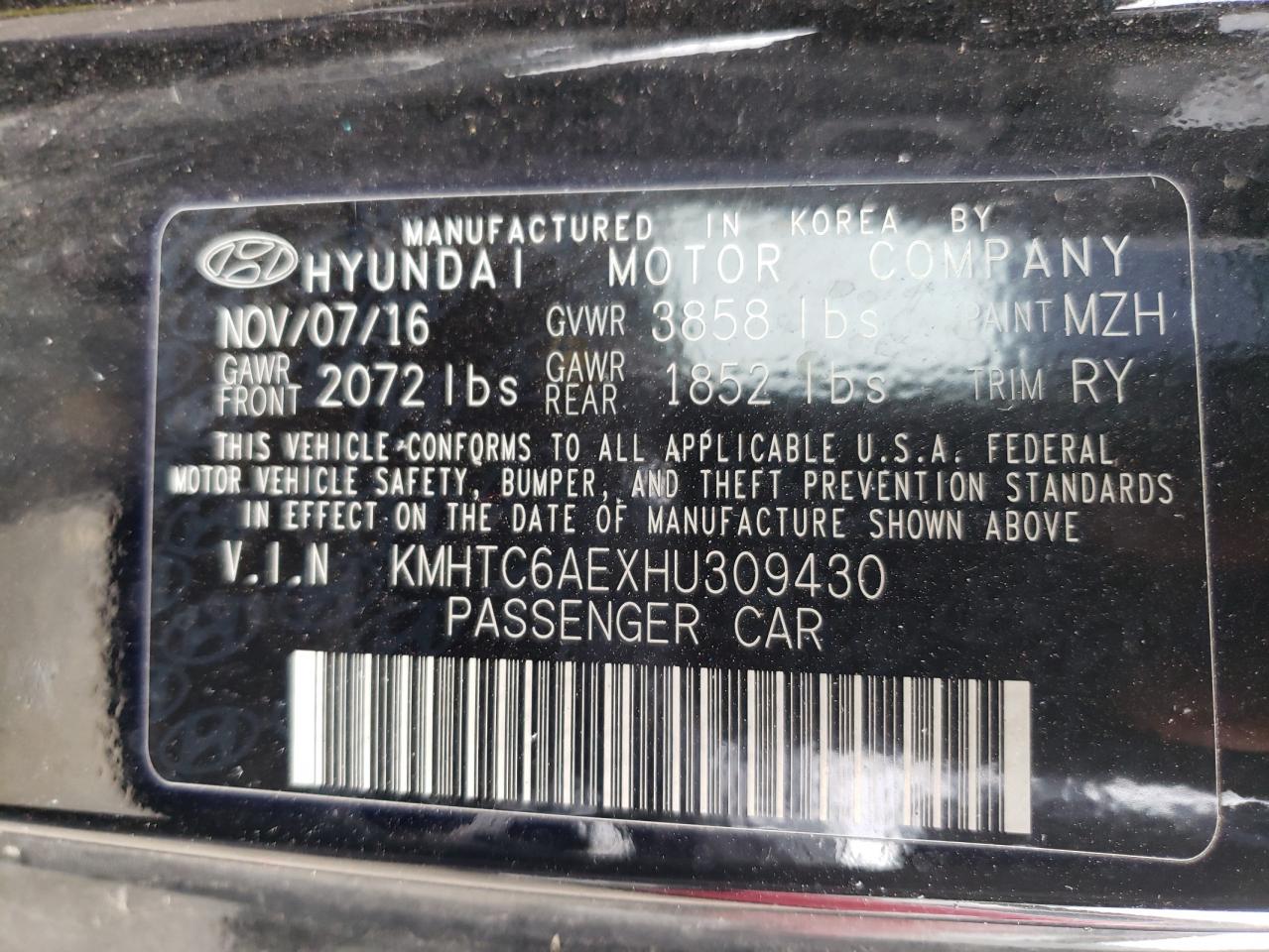 Photo 10 from auction – 2017 HYUNDAI VELOSTER T with VIN KMHTC6AEXHU309430