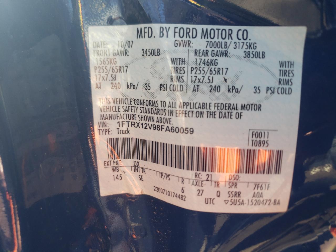 Photo 10 from auction – 2008 FORD F150 with VIN 1FTRX12V98FA60059