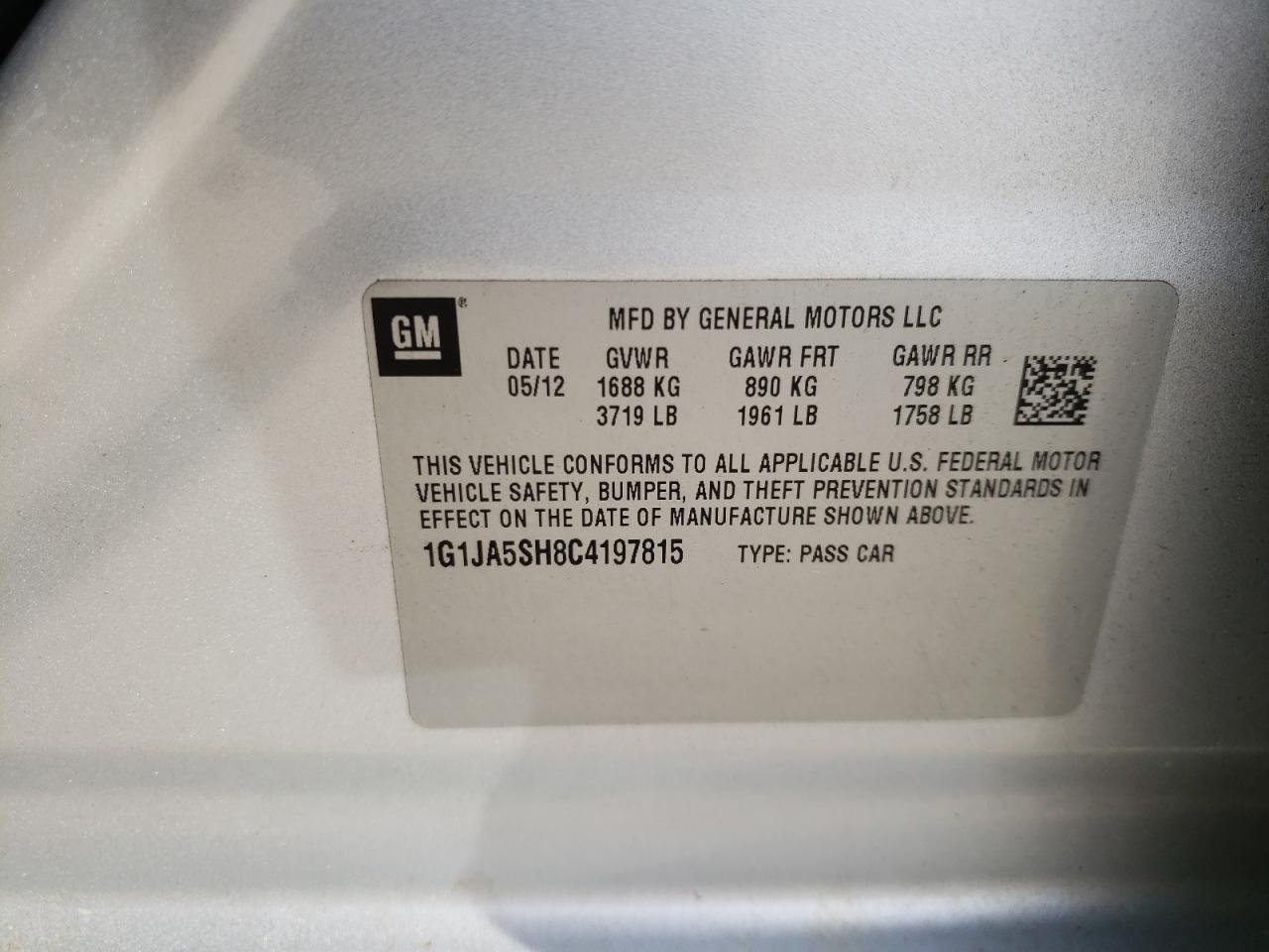 Photo 10 from auction – 2012 CHEVROLET SONIC LS with VIN 1G1JA5SH8C4197815