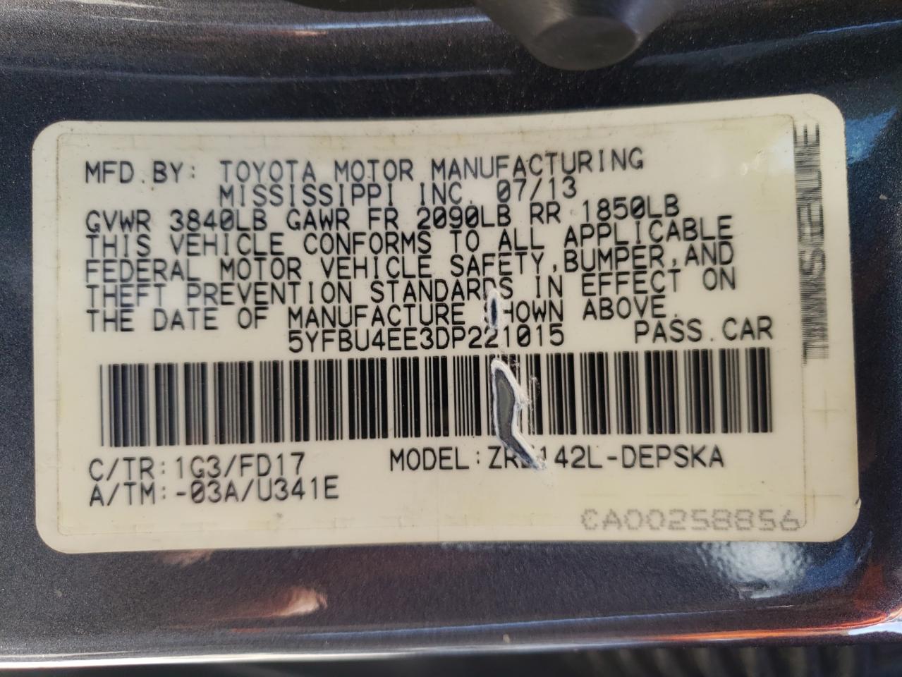 Photo 10 from auction – 2013 TOYOTA COROLLA BA with VIN 5YFBU4EE3DP221015