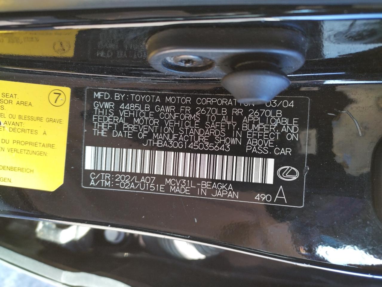 Photo 10 from auction – 2004 LEXUS ES 330 with VIN JTHBA30G145035643