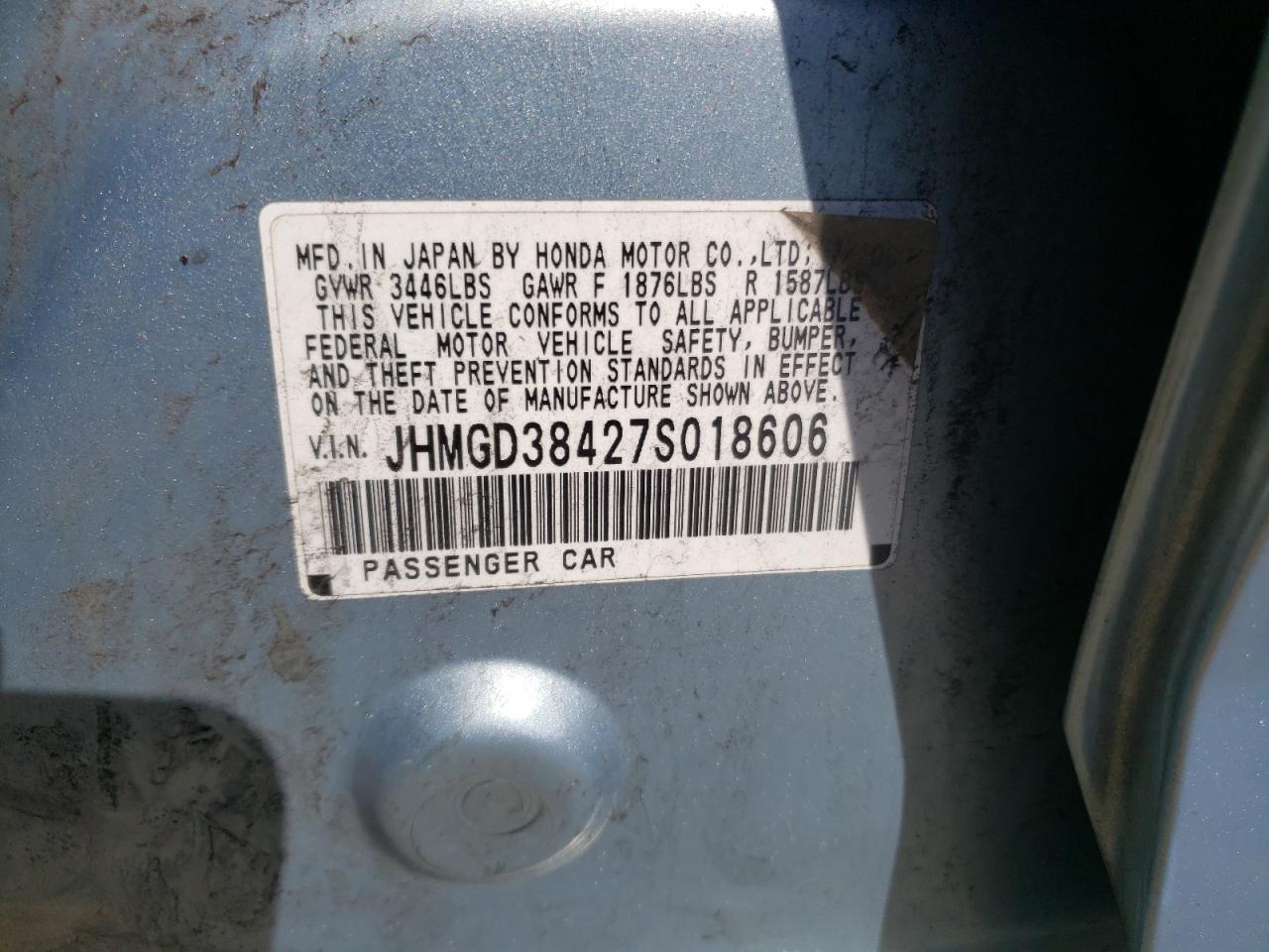 Photo 10 from auction – 2007 HONDA FIT with VIN JHMGD38427S018606