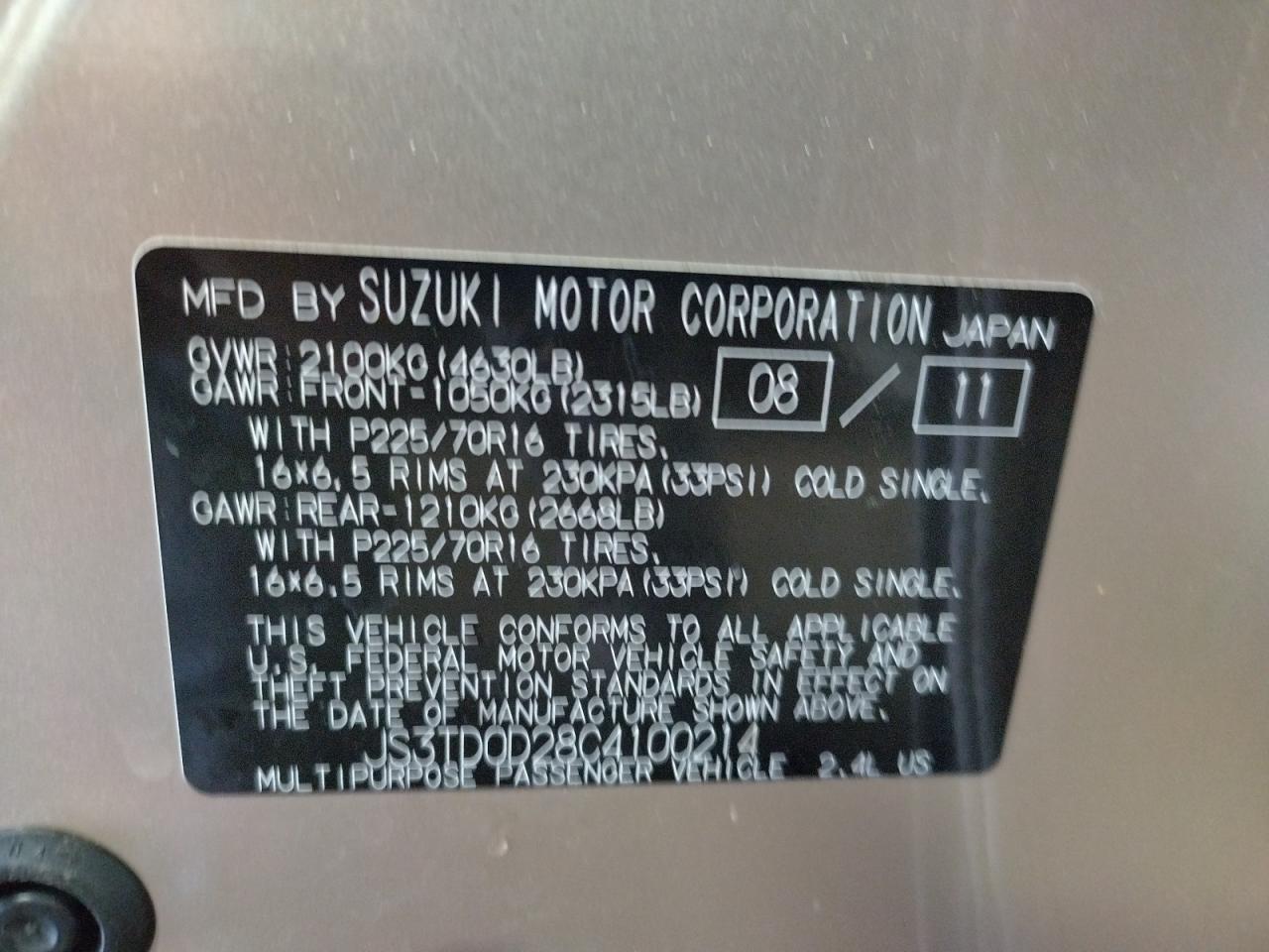 Photo 10 from auction – 2012 SUZUKI GRAND VITA with VIN JS3TD0D28C4100214