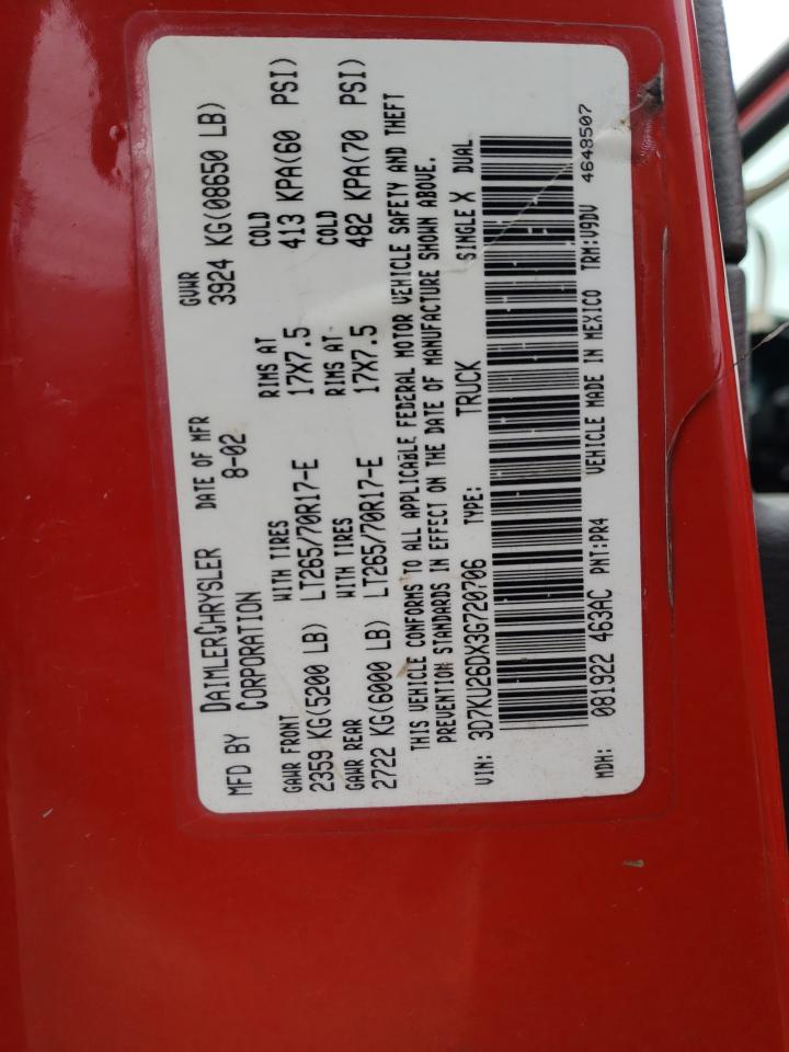 Photo 10 from auction – 2003 DODGE RAM 2500 S with VIN 3D7KU26DX3G720706