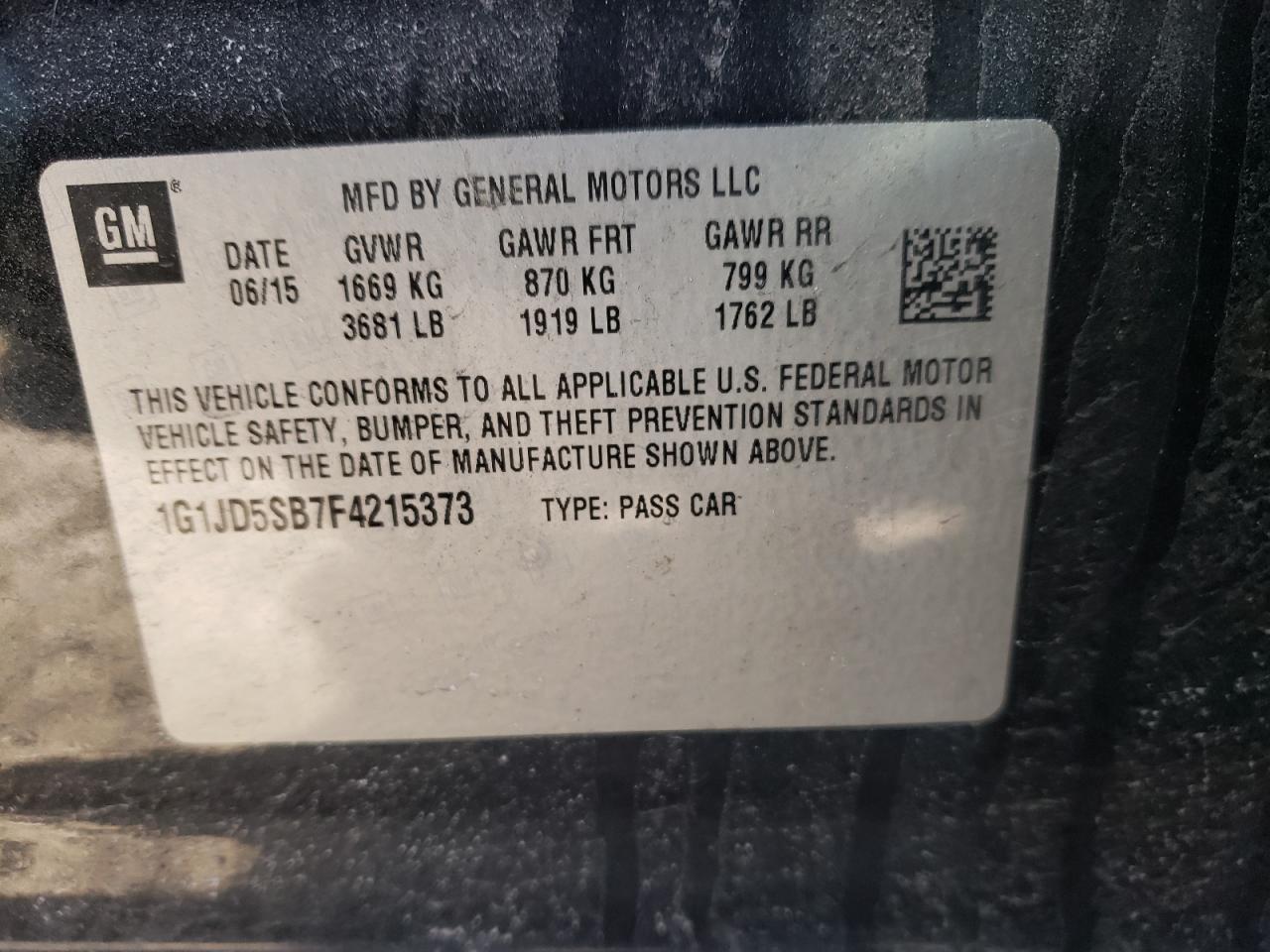 Photo 10 from auction – 2015 CHEVROLET SONIC LT with VIN 1G1JD5SB7F4215373